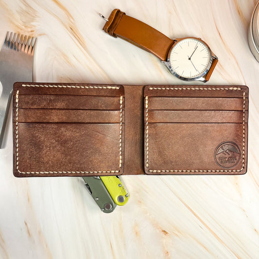 Bifold Wallet - Full Grain - Walnut Brown w/ Beige Waxed Thread