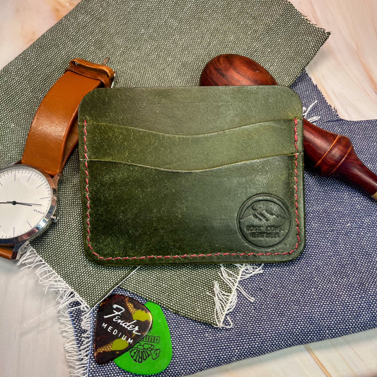 Cardholder - Full Grain Leather - Olive Green w/ Red Polyester Thread