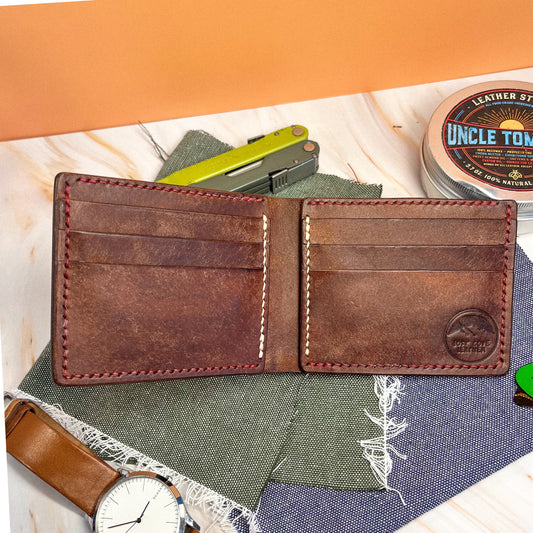 Bifold Wallet - Full Grain - Walnut Brown w/ Red Waxed Thread