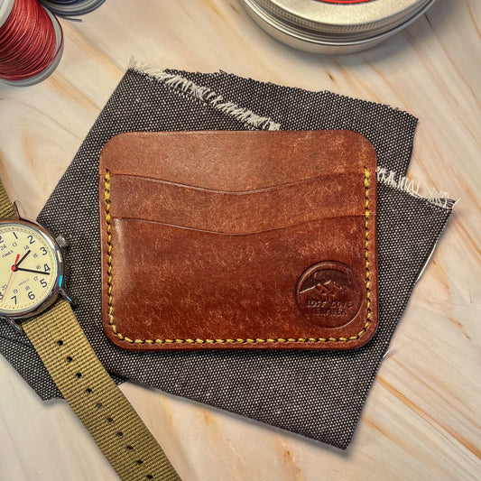 Cardholder - Full Grain Leather - Walnut Brown w/ Pea Green Waxed Thread