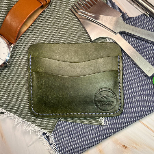 Cardholder - Full Grain Leather - Olive Green w/ Sky Blue Polyester Thread