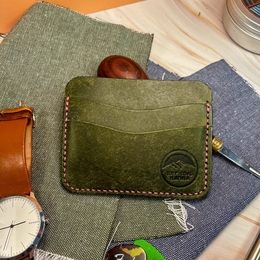 Cardholder - Full Grain Leather - Olive Green w/ Purple Waxed Thread
