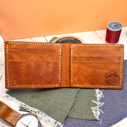 Bifold Wallet - Full Grain - Cognac Brown w/ Pea Green Waxed Thread
