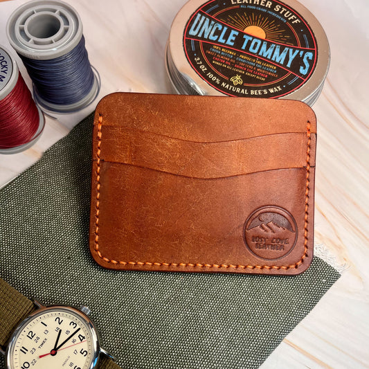 Cardholder - Full Grain Leather - Cognac Brown w/ Sunset Orange Waxed Thread