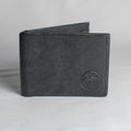 Black leather wallet with a brand logo on a gray background