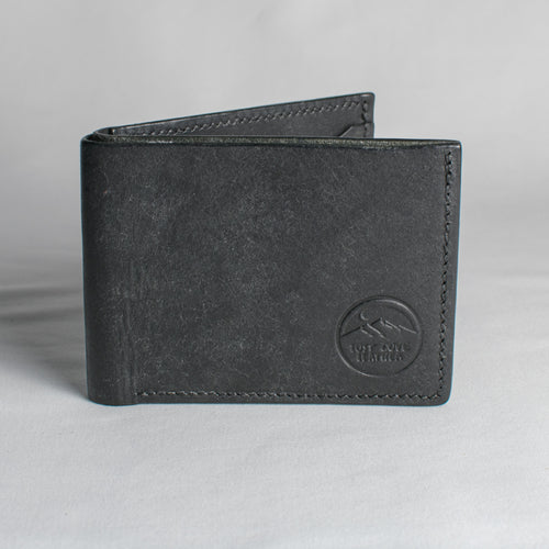 Black leather wallet with a brand logo on a gray background