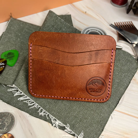 Cardholder - Full Grain Leather - Walnut Brown w/ Purple Waxed Thread