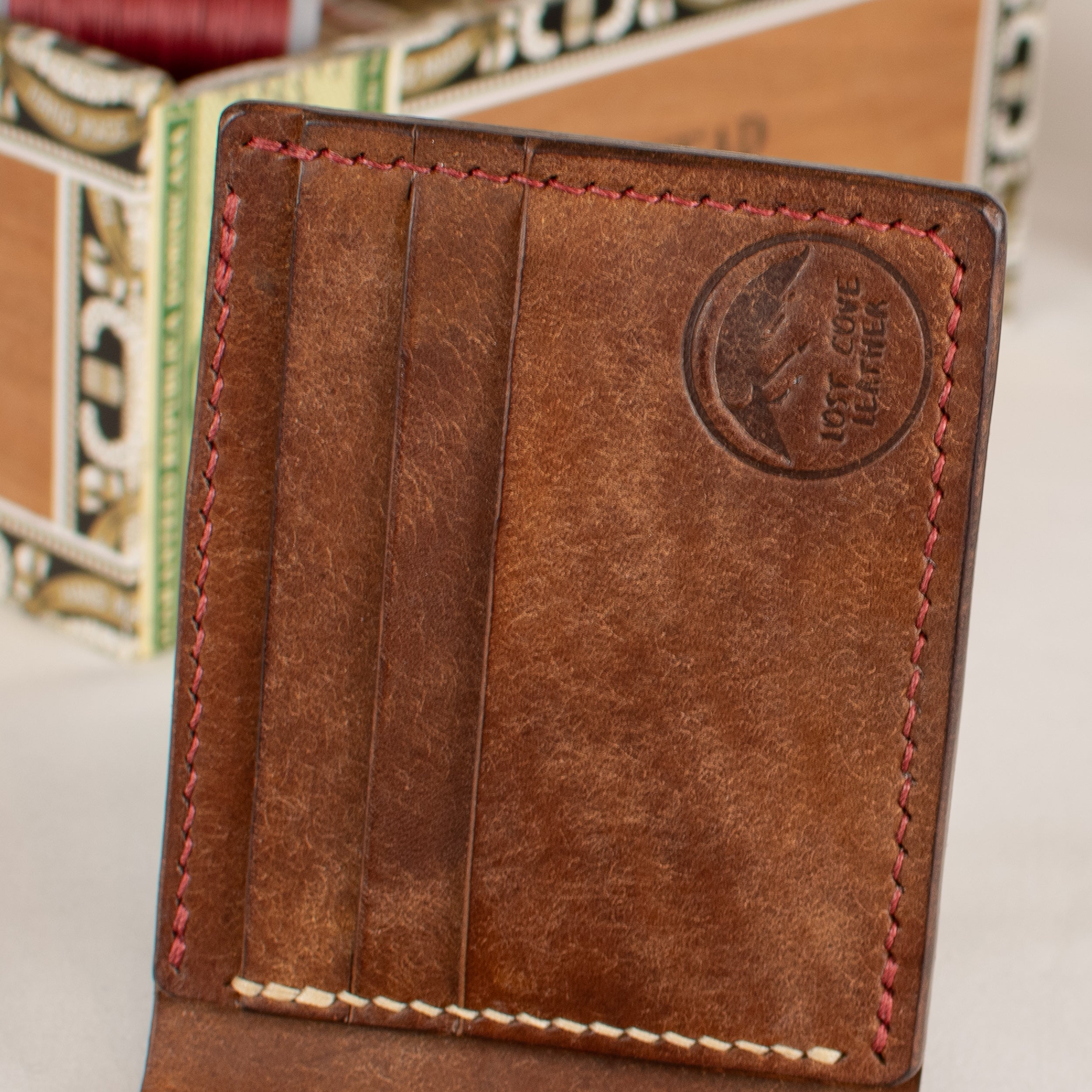 Bifold Wallet - Walnut Brown - Red Waxed Thread