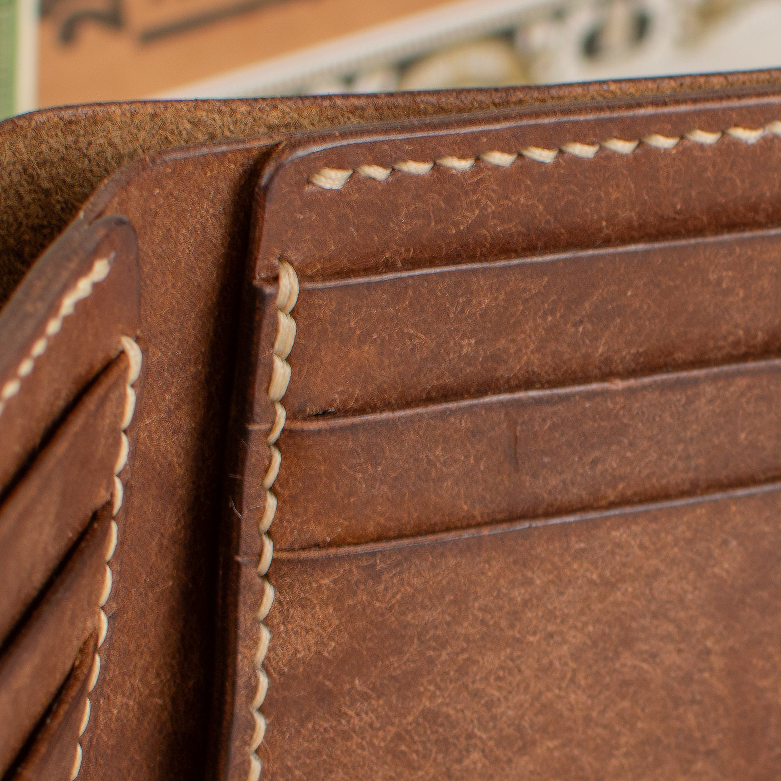 Bifold Wallet - Walnut Brown - Beige Waxed Thread