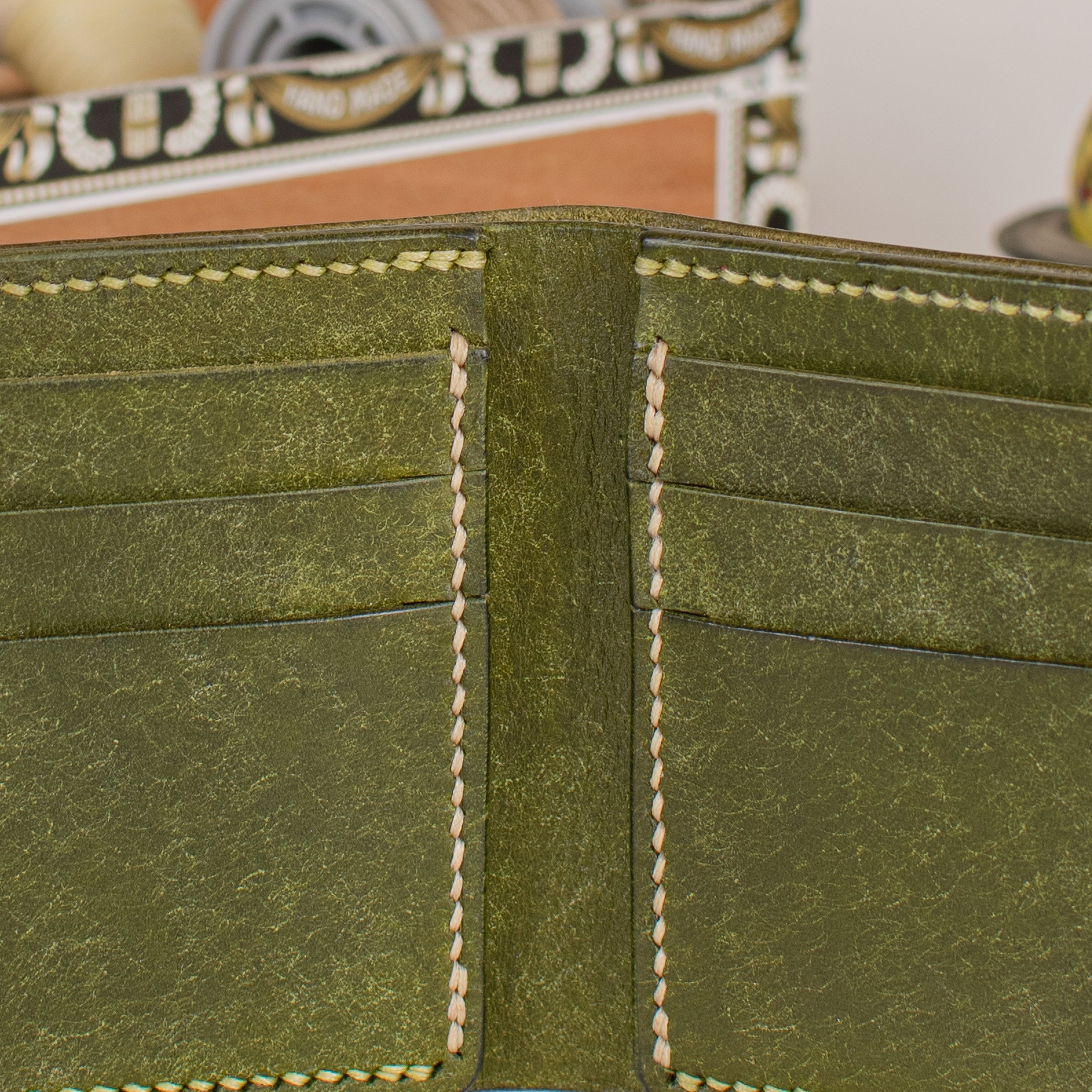 Bifold Wallet - Olive Green - Pea Green and Beige Thread