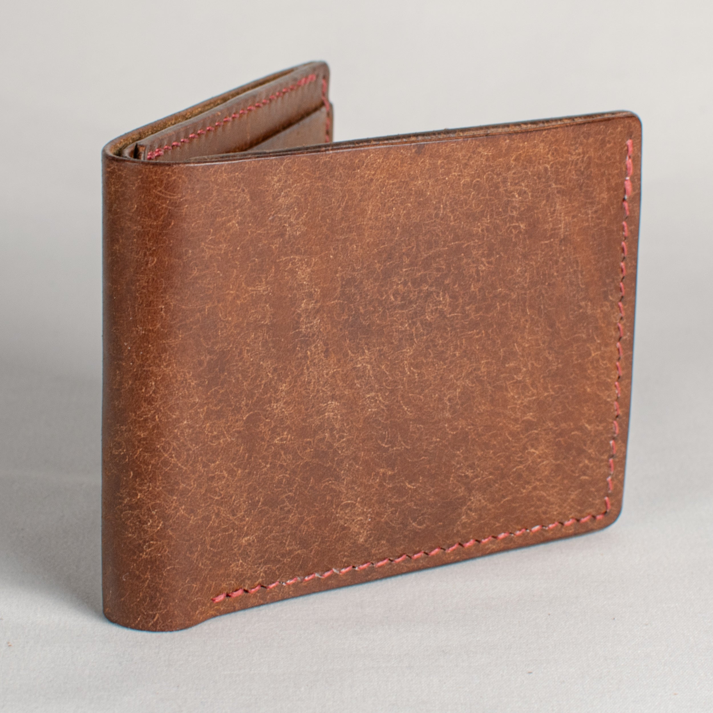 Bifold Wallet - Walnut Brown - Red Waxed Thread