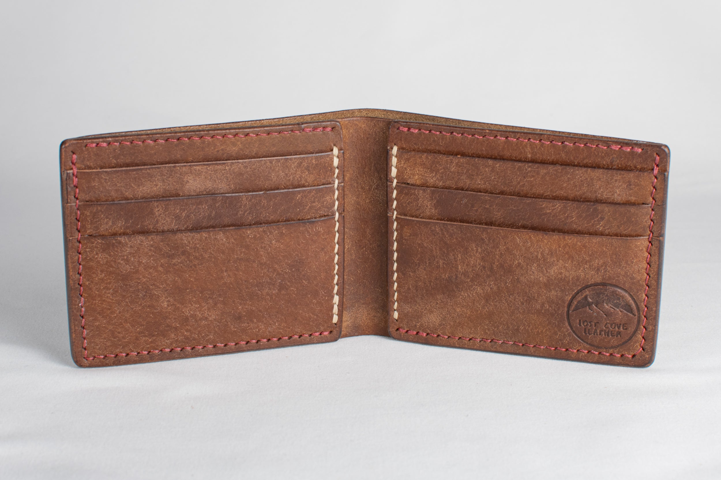 Bifold Wallet - Walnut Brown - Red Waxed Thread
