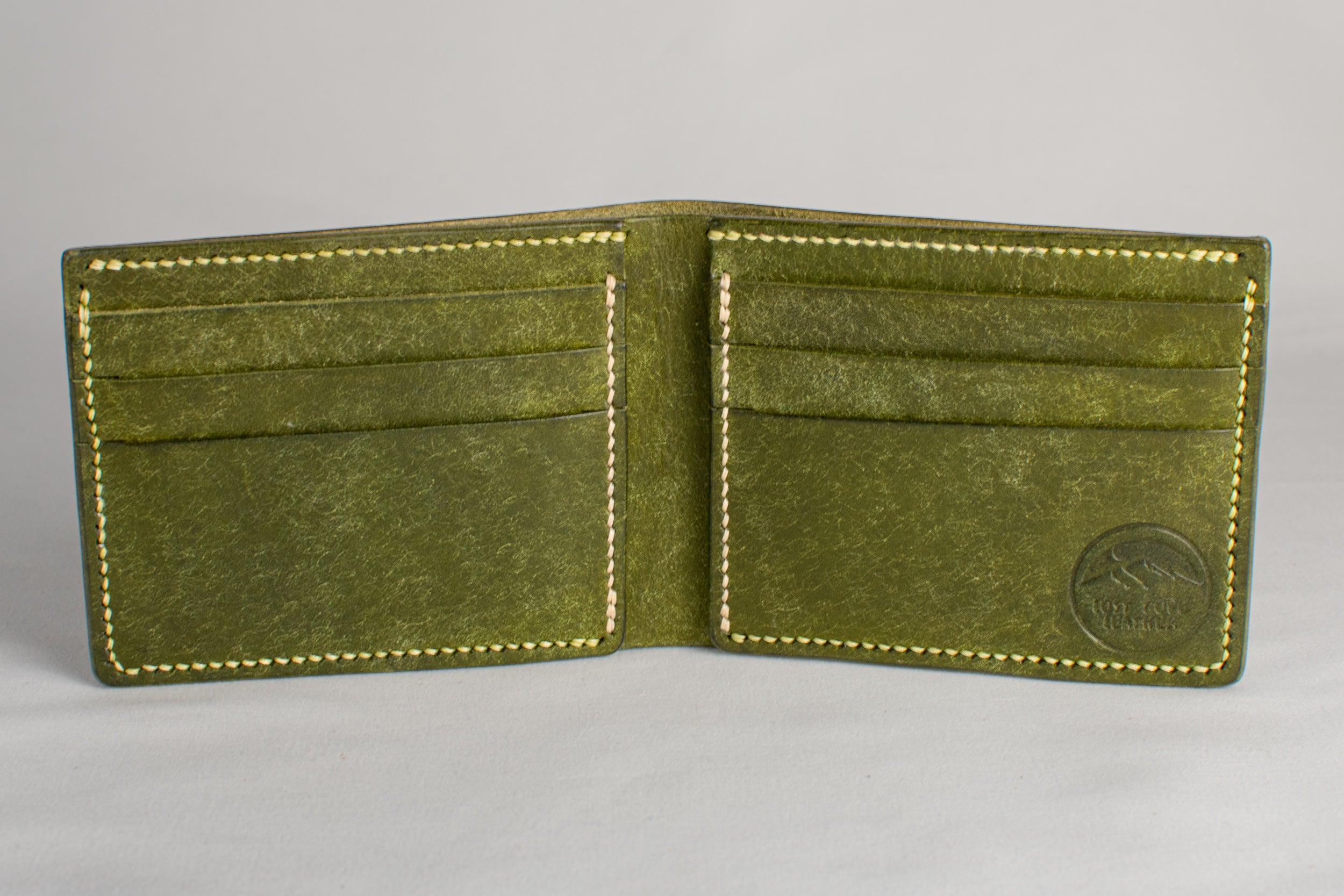 Bifold Wallet - Olive Green - Pea Green and Beige Thread