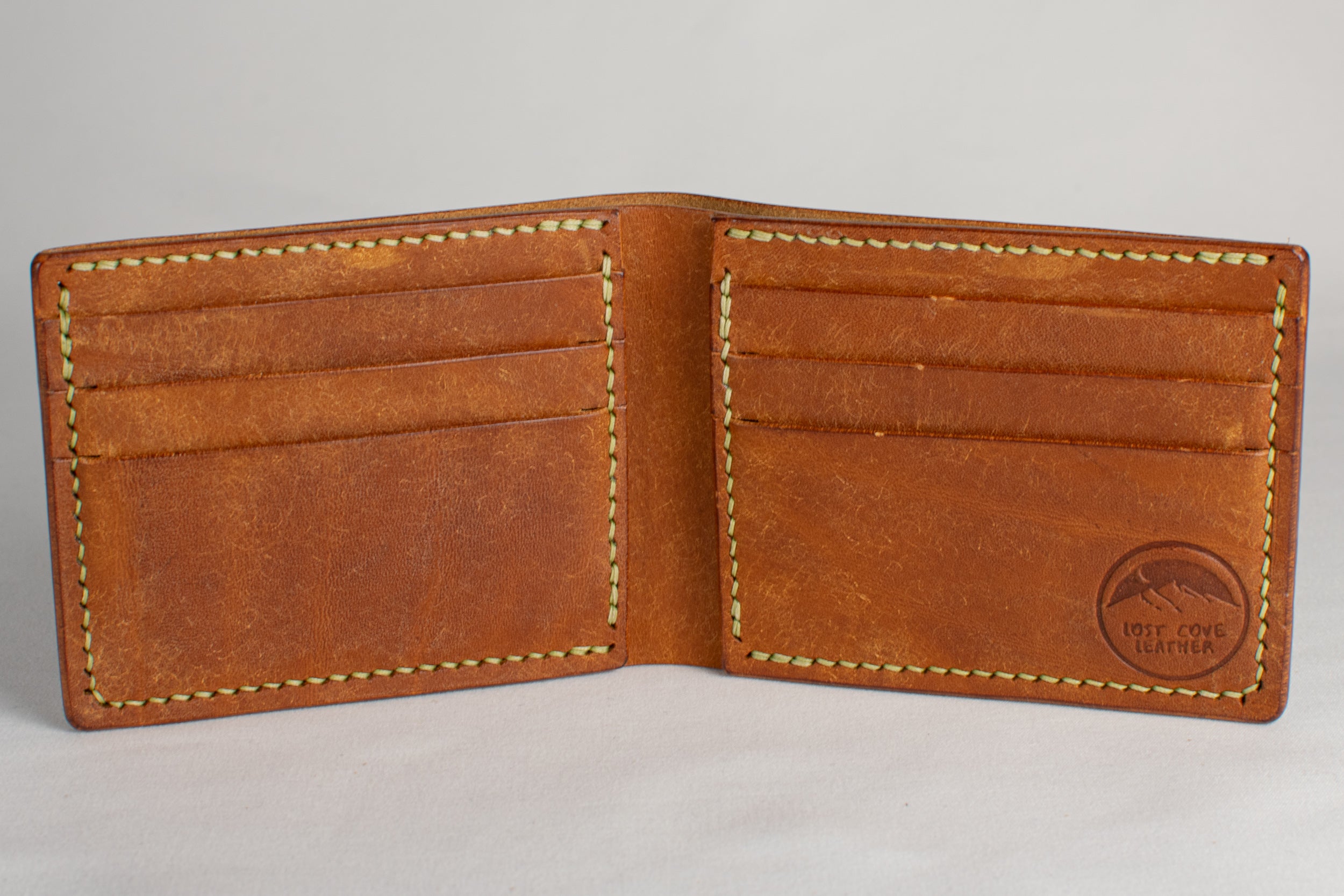Bifold Wallet - Cognac Brown - Pea Green Thread