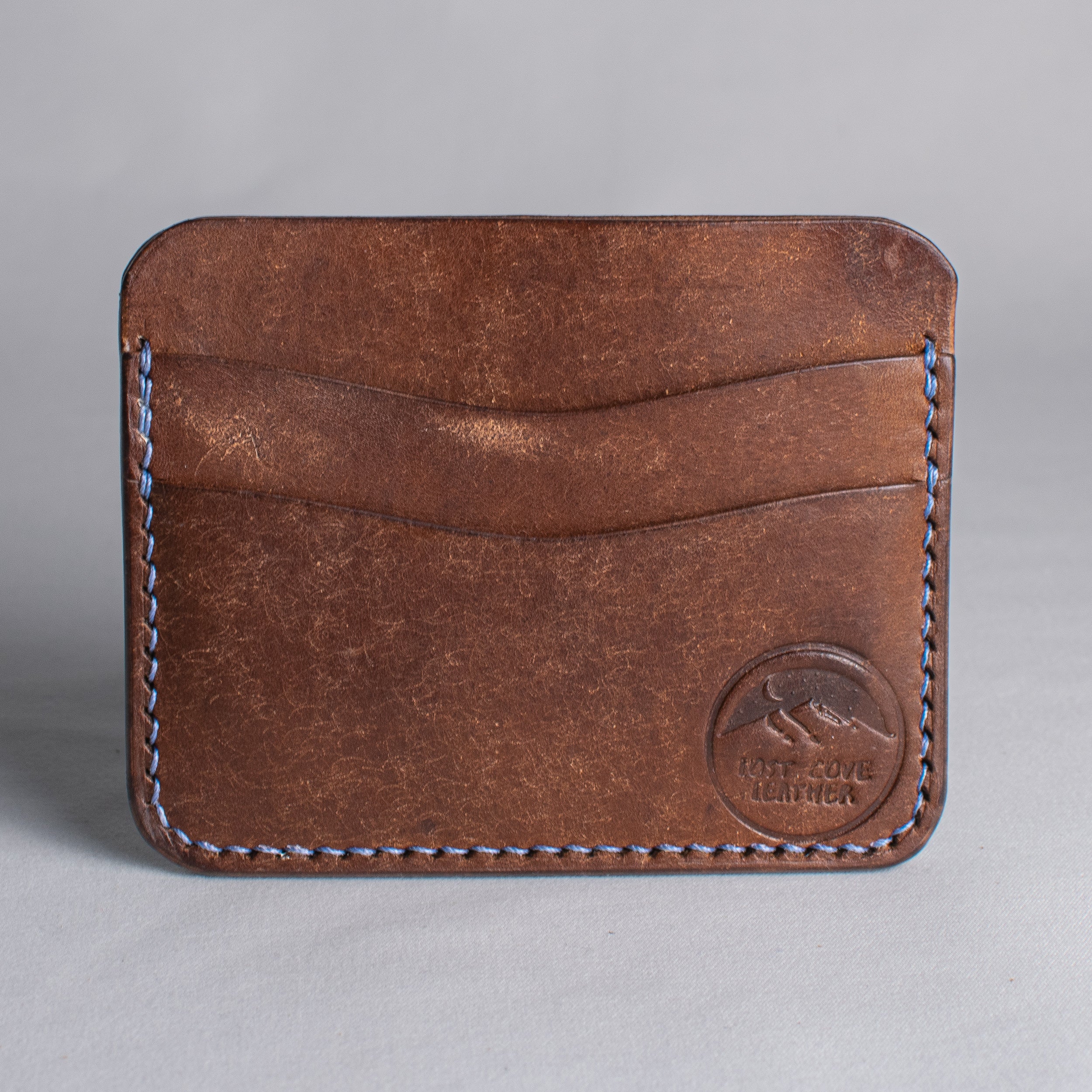 Minimalist Leather Cardholder Wallet  - Walnut Brown - Sky Blue Polyester Thread
