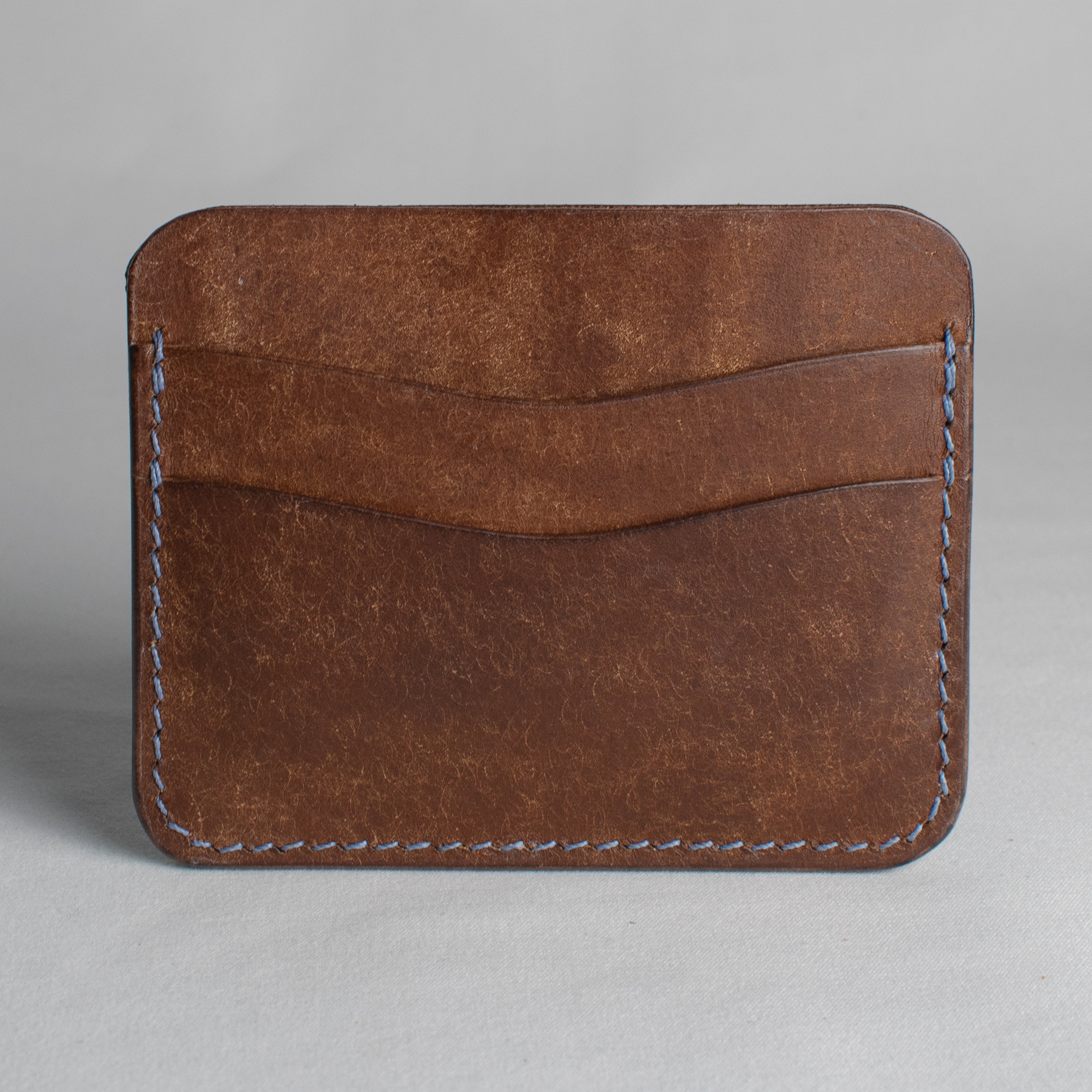 Minimalist Leather Cardholder Wallet  - Walnut Brown - Sky Blue Polyester Thread