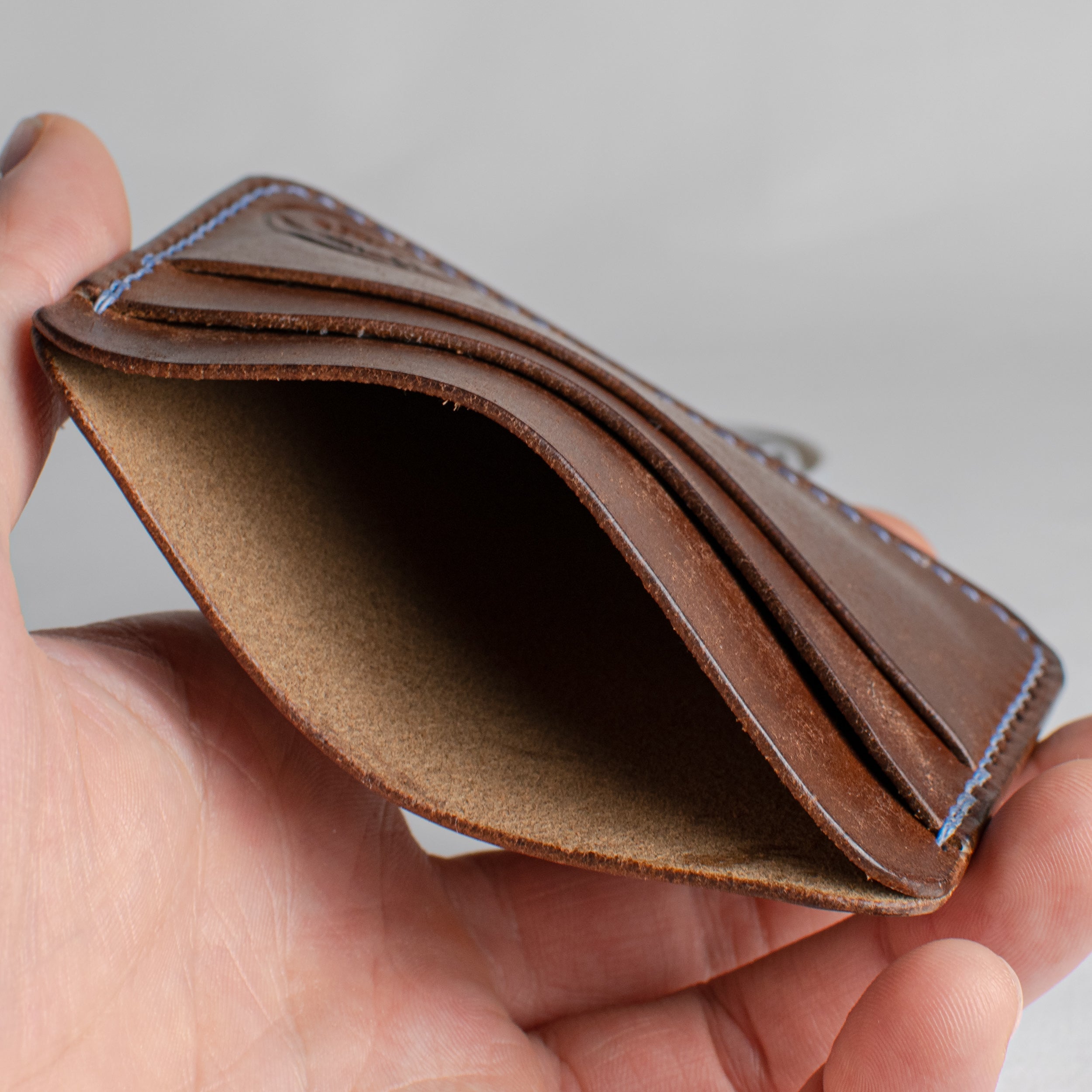 Minimalist Leather Cardholder Wallet  - Walnut Brown - Sky Blue Polyester Thread