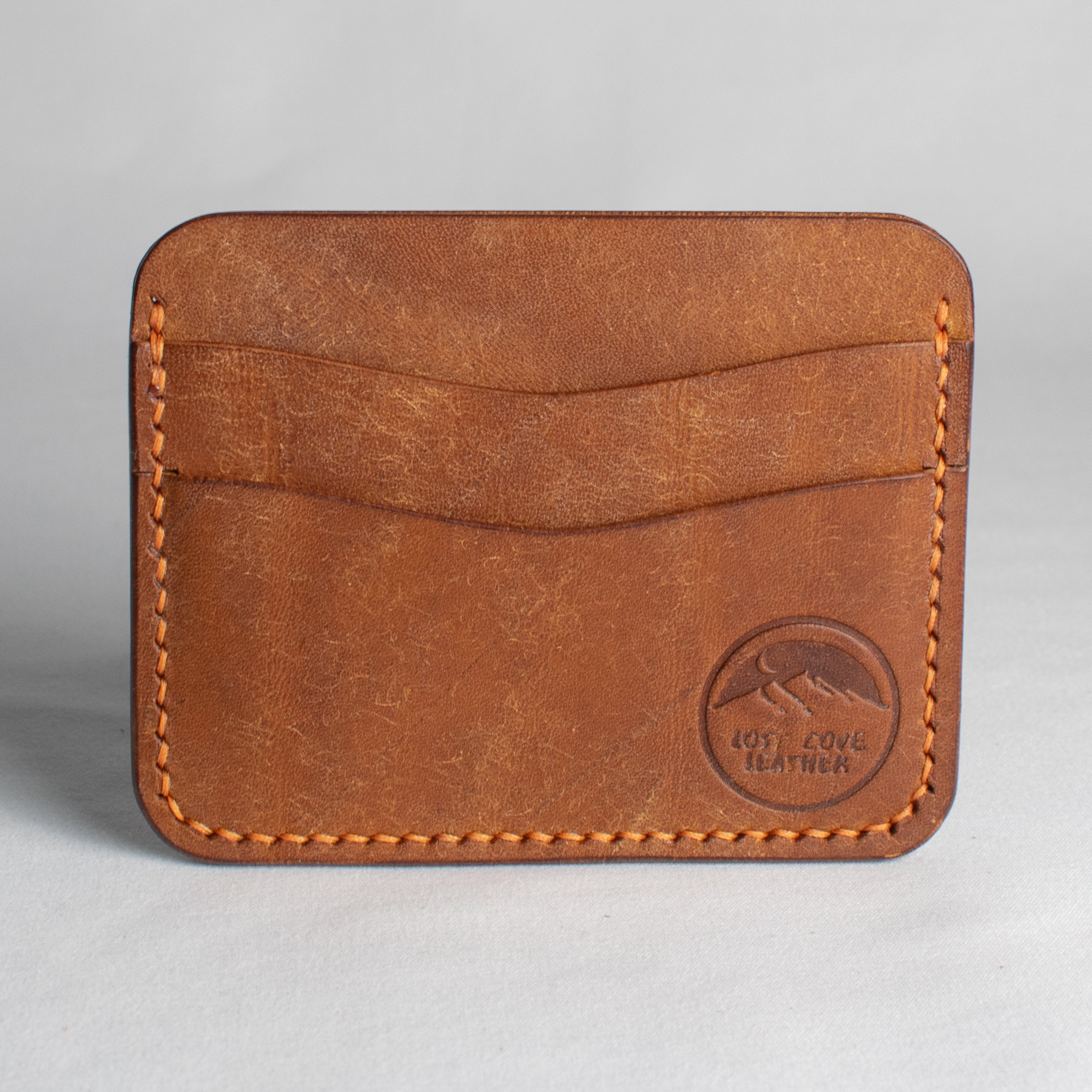 Minimalist Leather Cardholder Wallet - Cognac Brown - Sunset Orange Waxed Thread