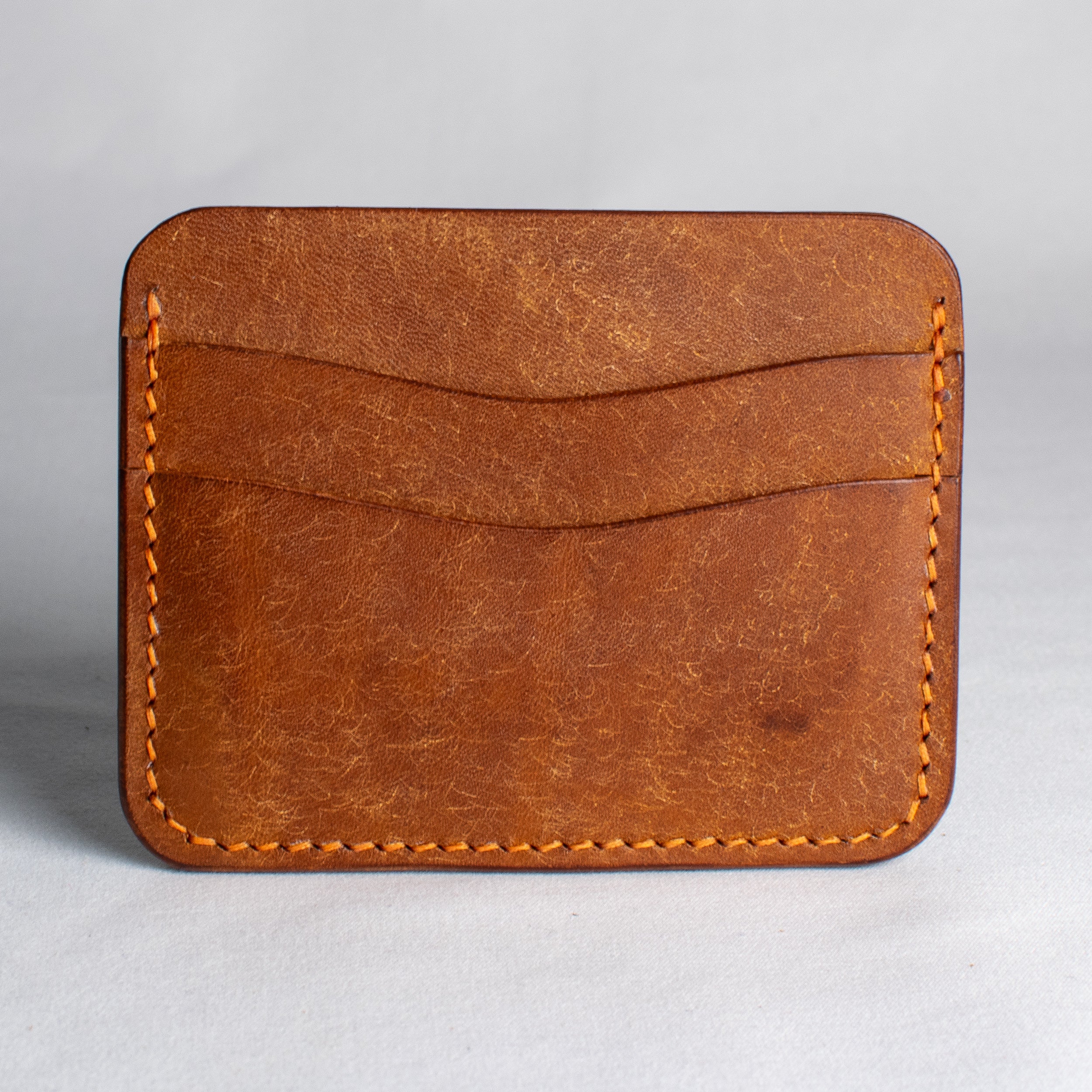 Minimalist Leather Cardholder Wallet - Cognac Brown - Sunset Orange Waxed Thread