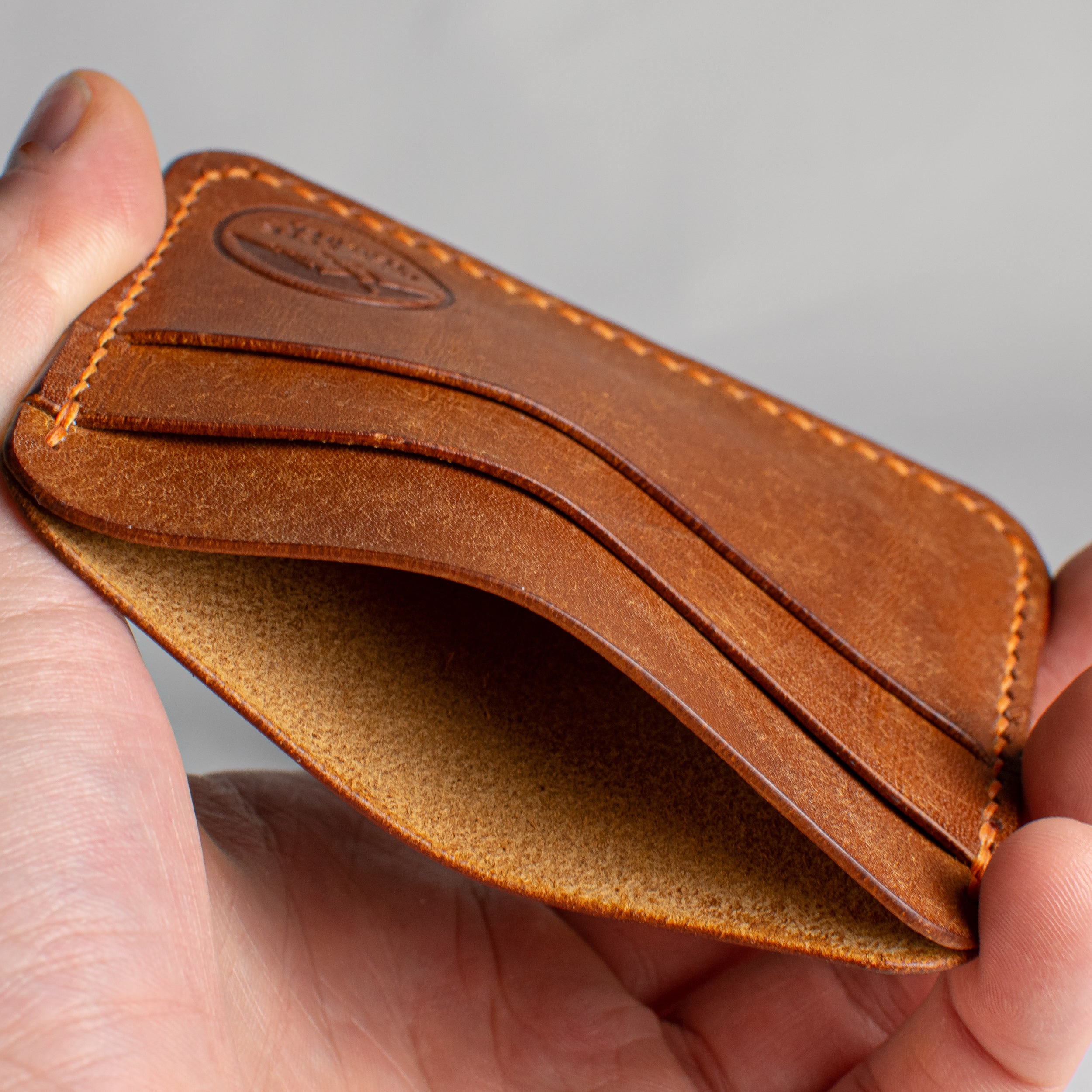 Minimalist Leather Cardholder Wallet - Cognac Brown - Sunset Orange Waxed Thread
