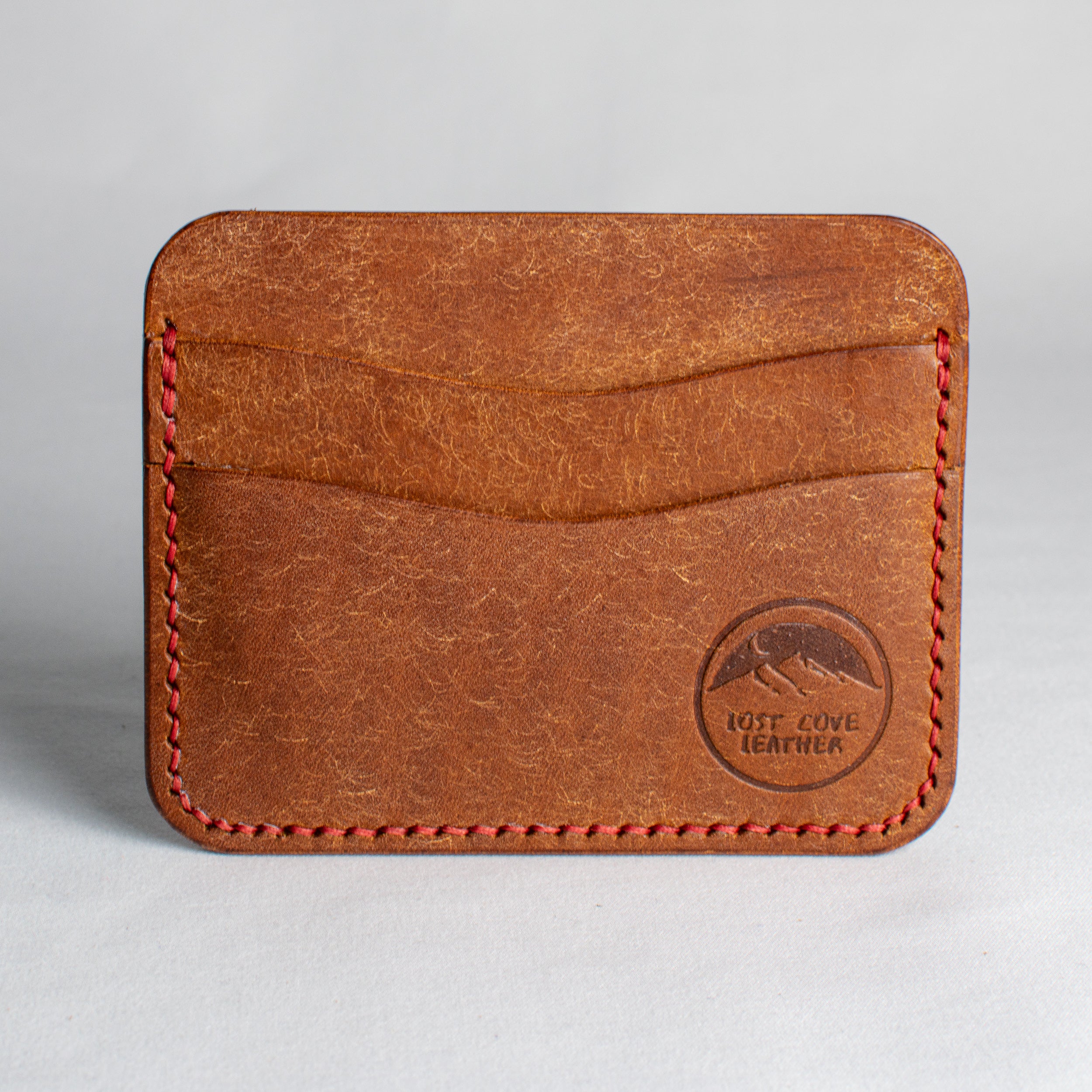 Minimalist Leather Cardholder Wallet - Cognac Brown - Red Waxed Thread