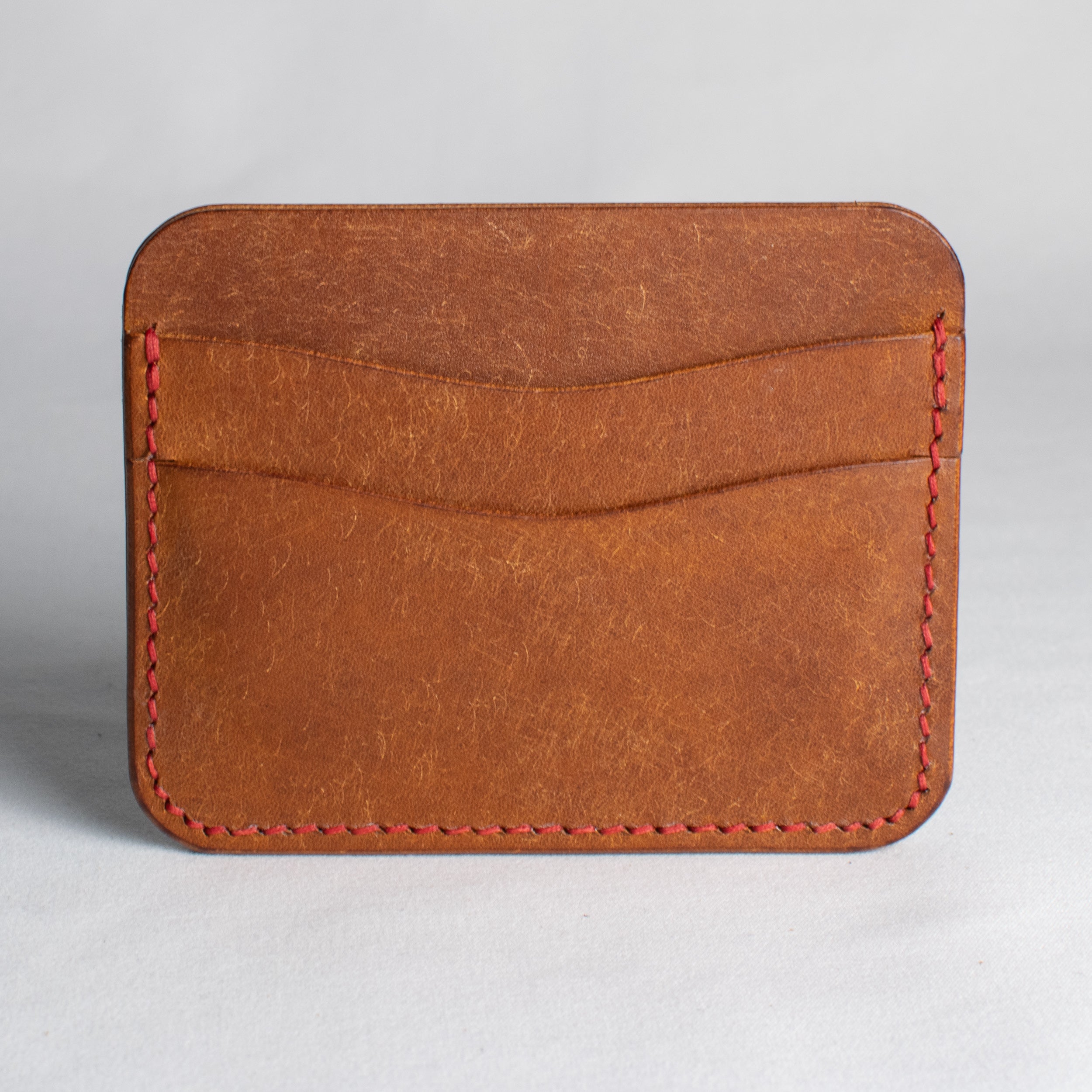 Minimalist Leather Cardholder Wallet - Cognac Brown - Red Waxed Thread