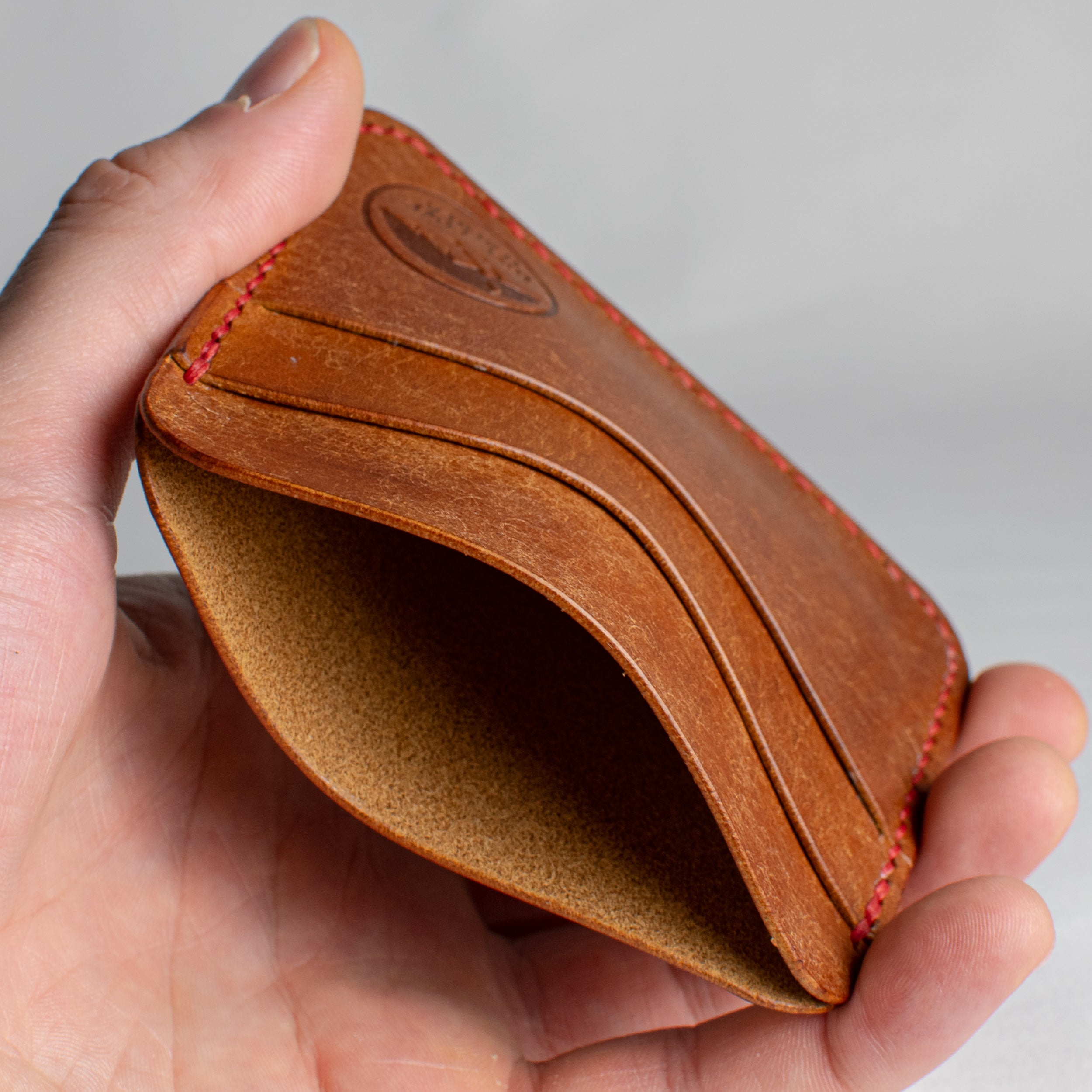 Minimalist Leather Cardholder Wallet - Cognac Brown - Red Waxed Thread