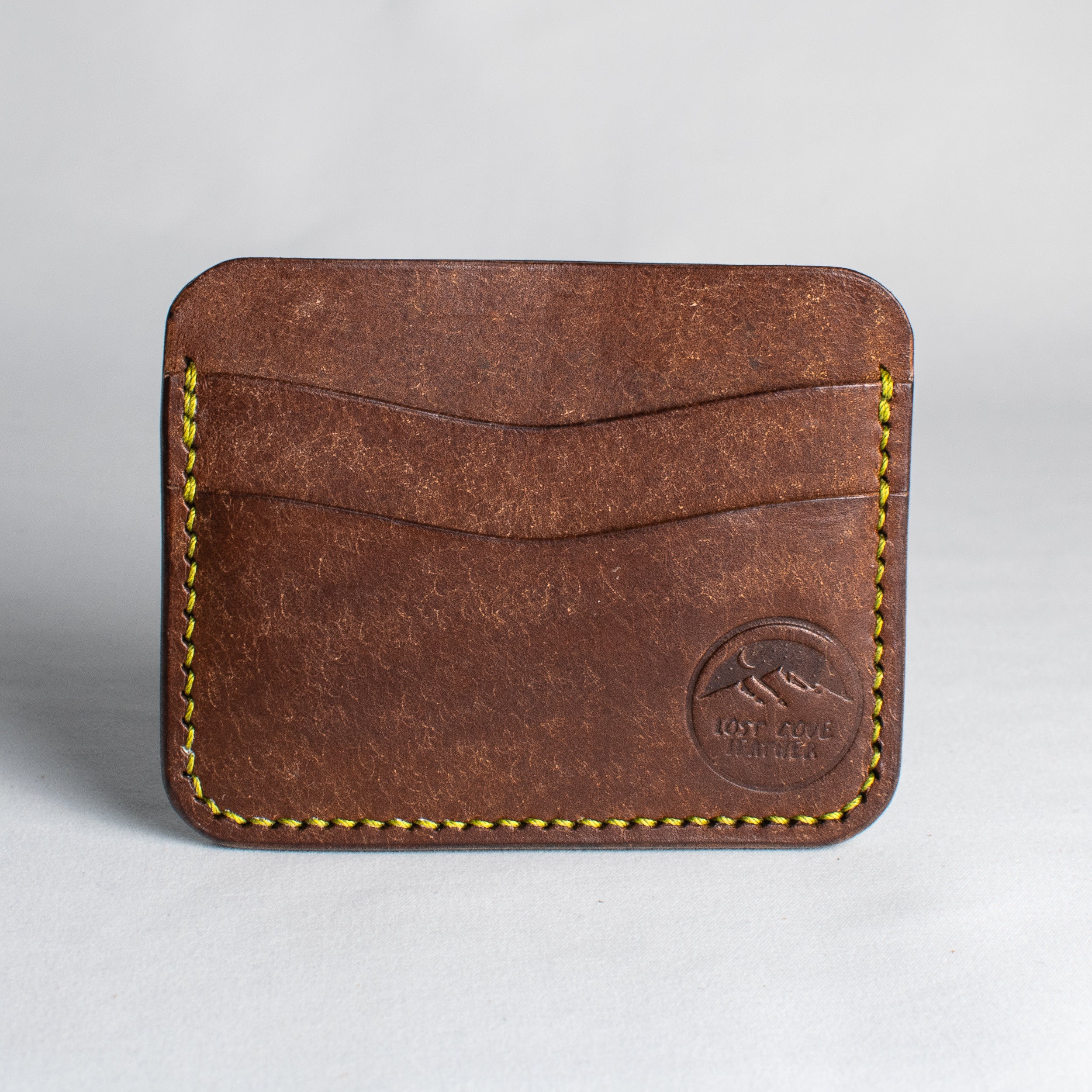 Minimalist Leather Cardholder Wallet - Walnut Brown - Pea Green Polyester Thread