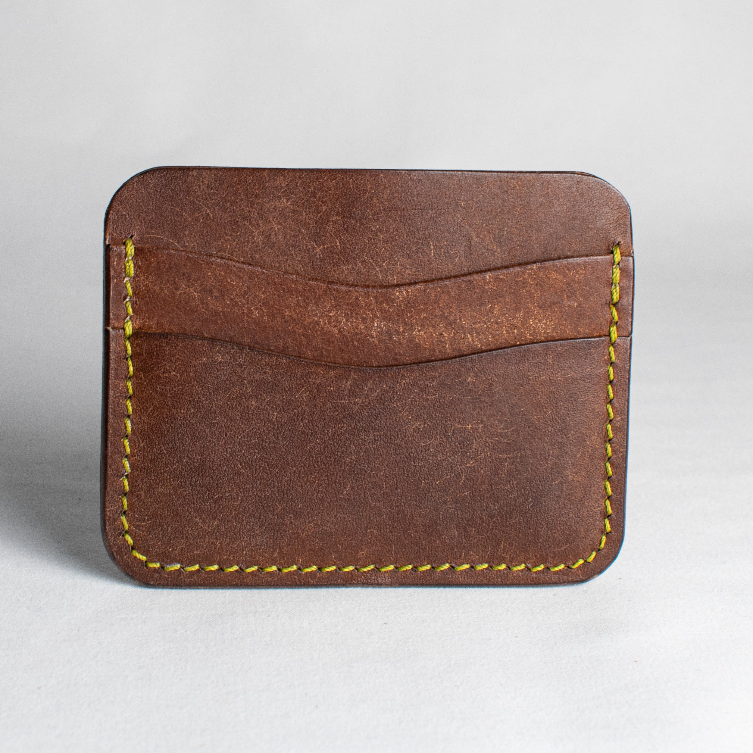 Minimalist Leather Cardholder Wallet - Walnut Brown - Pea Green Polyester Thread