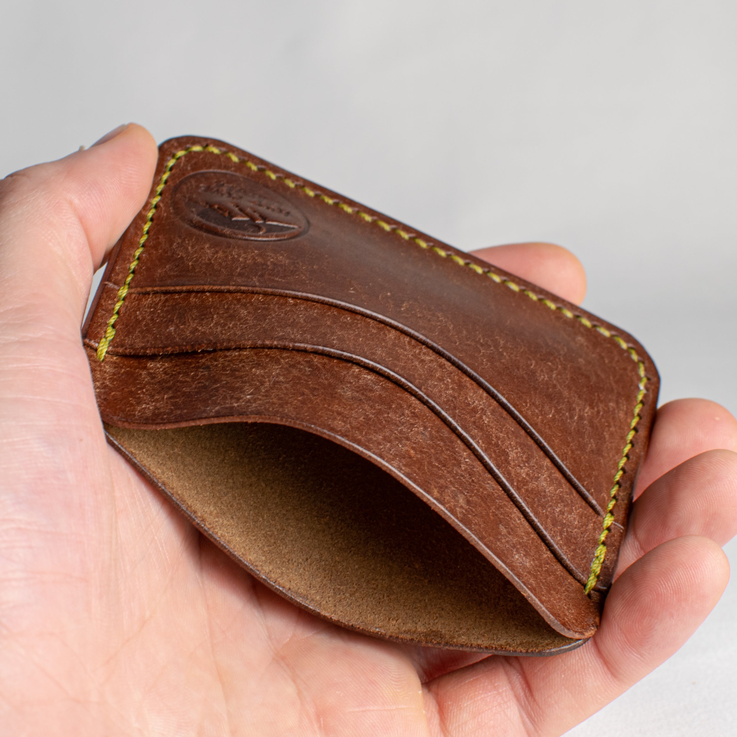 Minimalist Leather Cardholder Wallet - Walnut Brown - Pea Green Polyester Thread