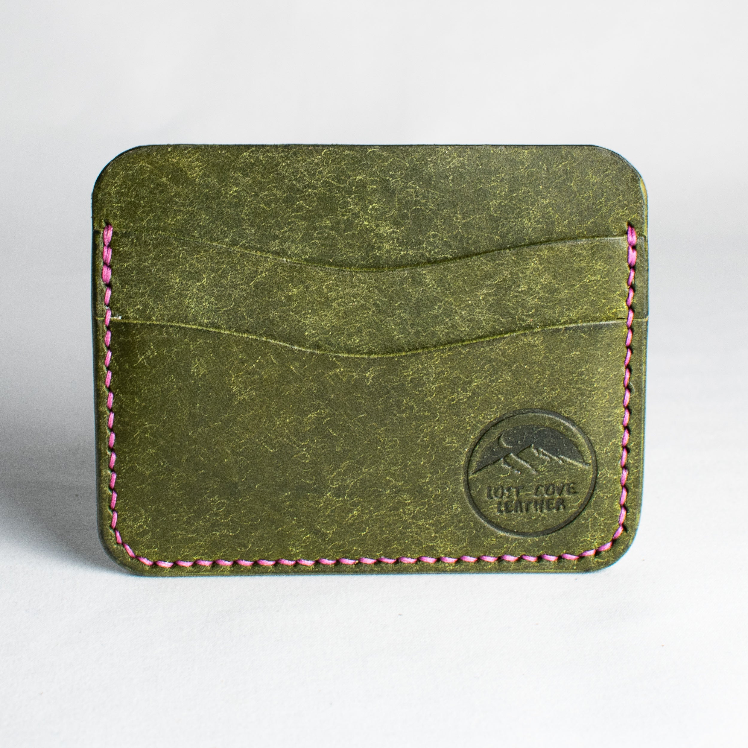 Minimalist Leather Cardholder Wallet - Olive Green - Purple Waxed Thread