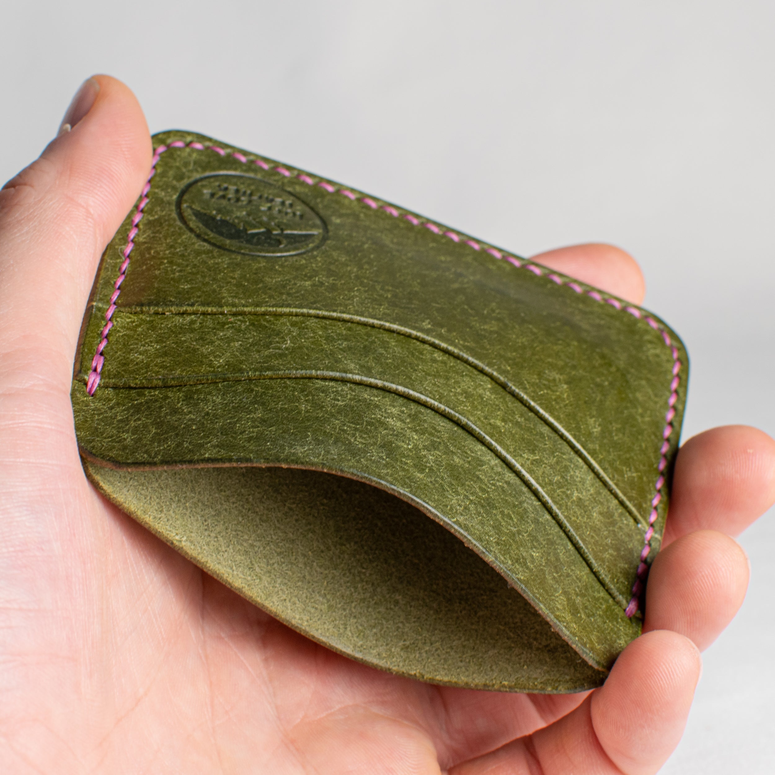 Minimalist Leather Cardholder Wallet - Olive Green - Purple Waxed Thread