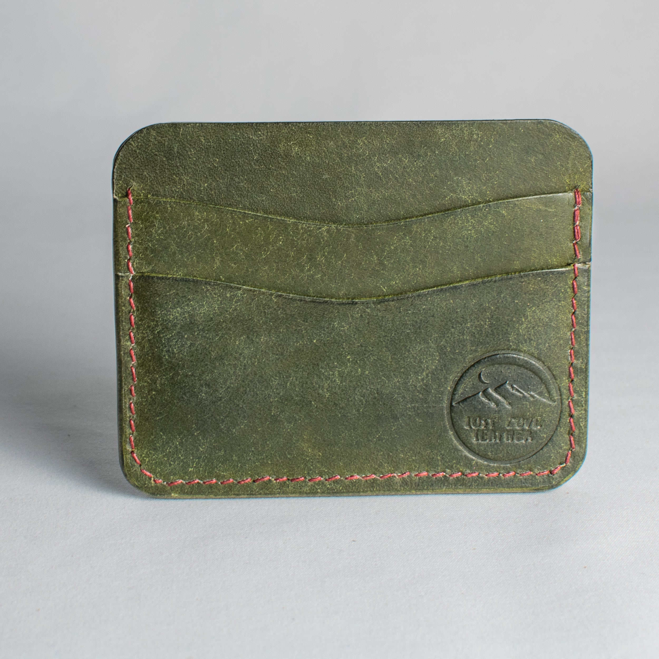 Minimalist Leather Cardholder Wallet - Olive Green w/ Red Polyester Thread