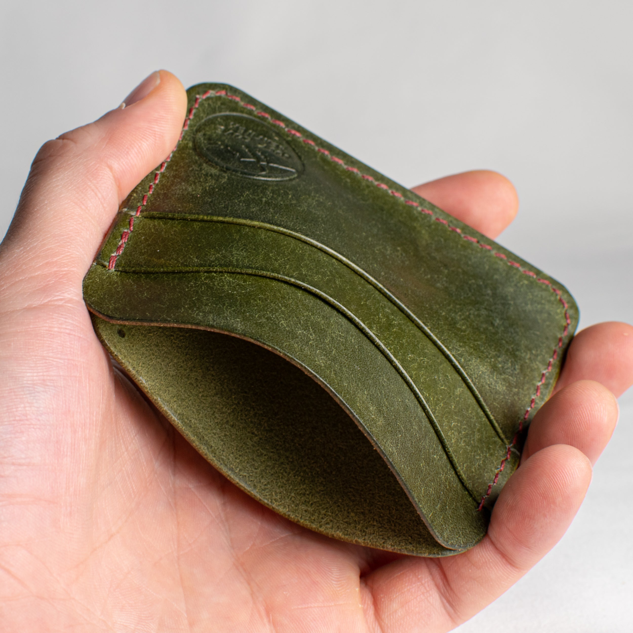 Minimalist Leather Cardholder Wallet - Olive Green w/ Red Polyester Thread