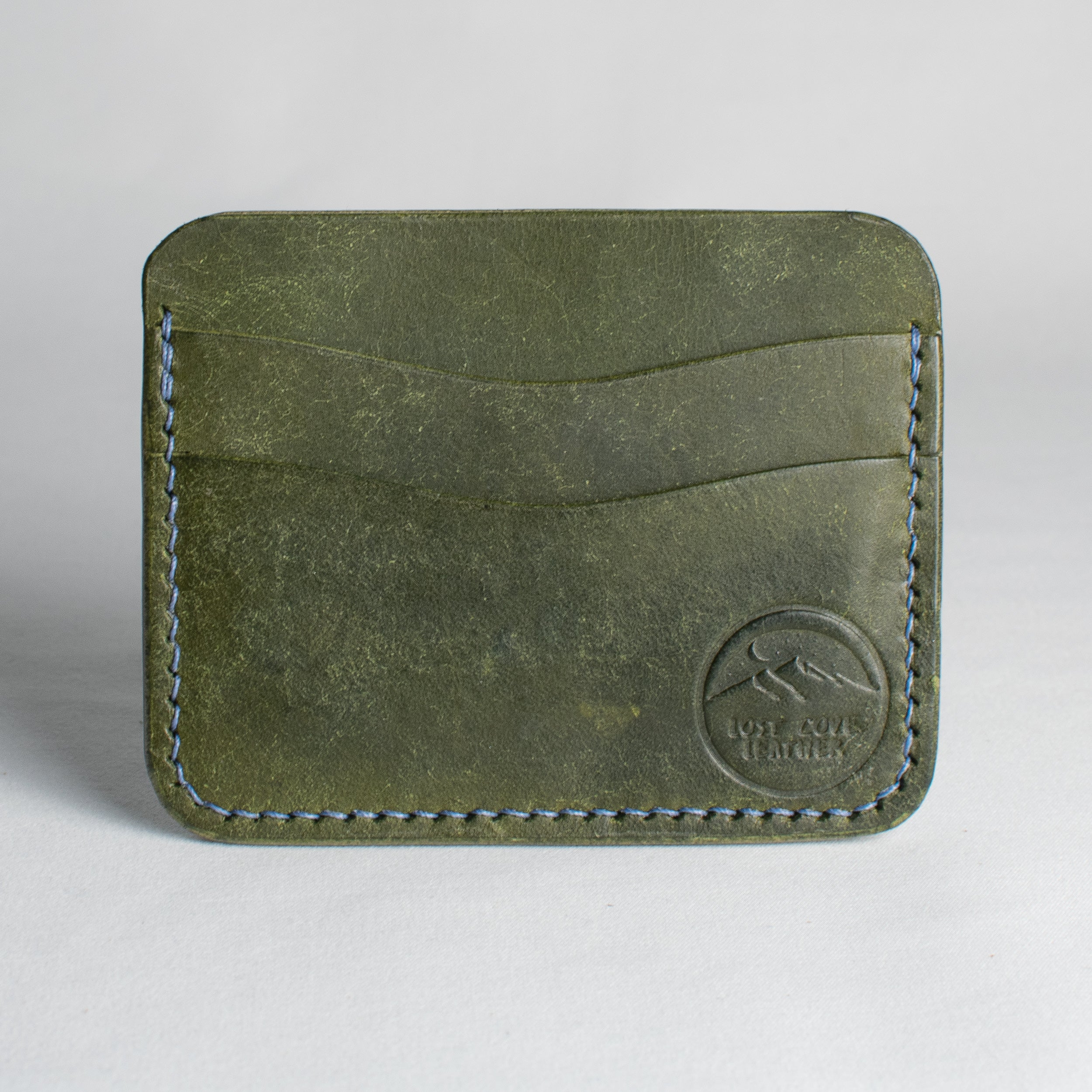 Minimalist Leather Cardholder Wallet - Olive Green - Sky Blue Polyester Thread