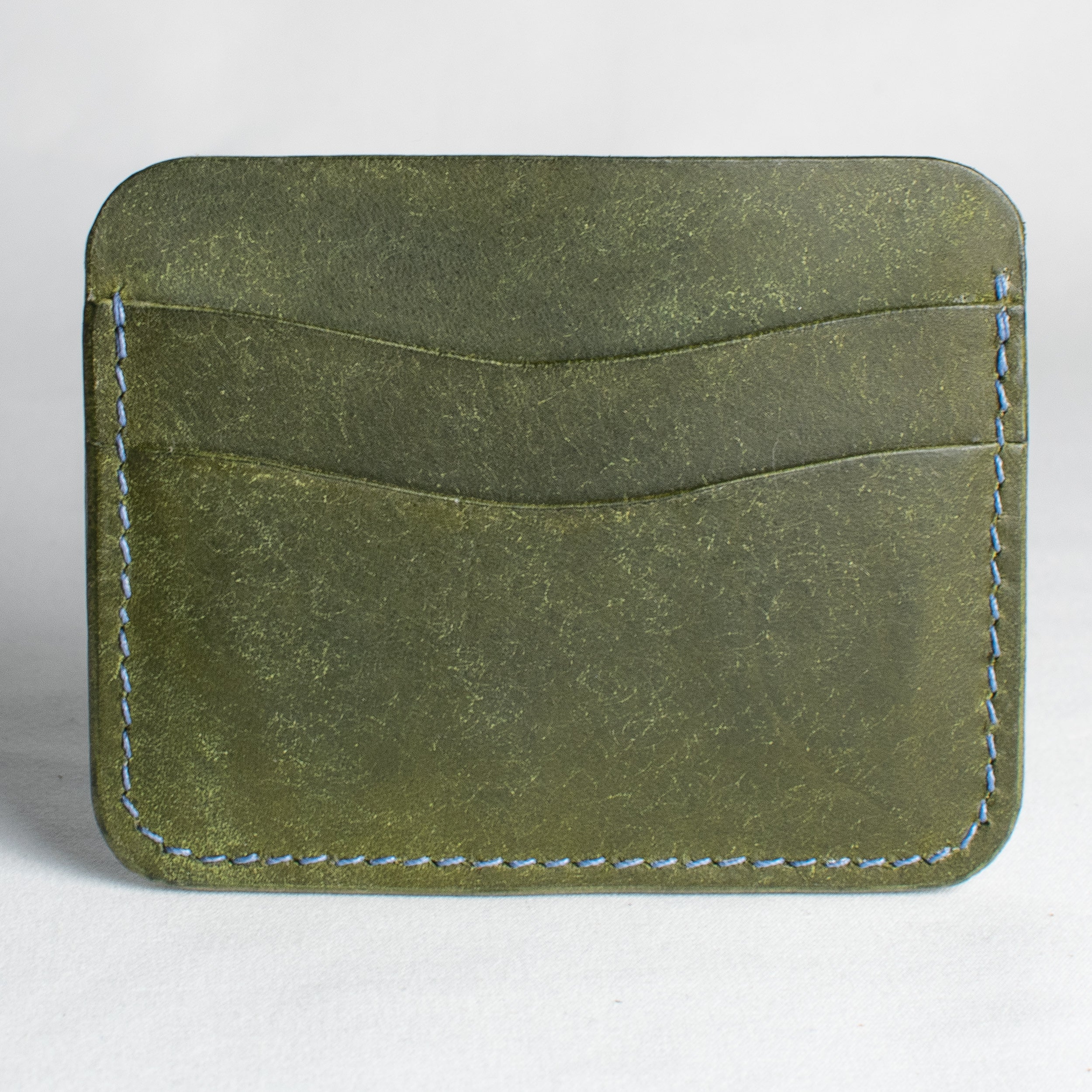 Minimalist Leather Cardholder Wallet - Olive Green - Sky Blue Polyester Thread