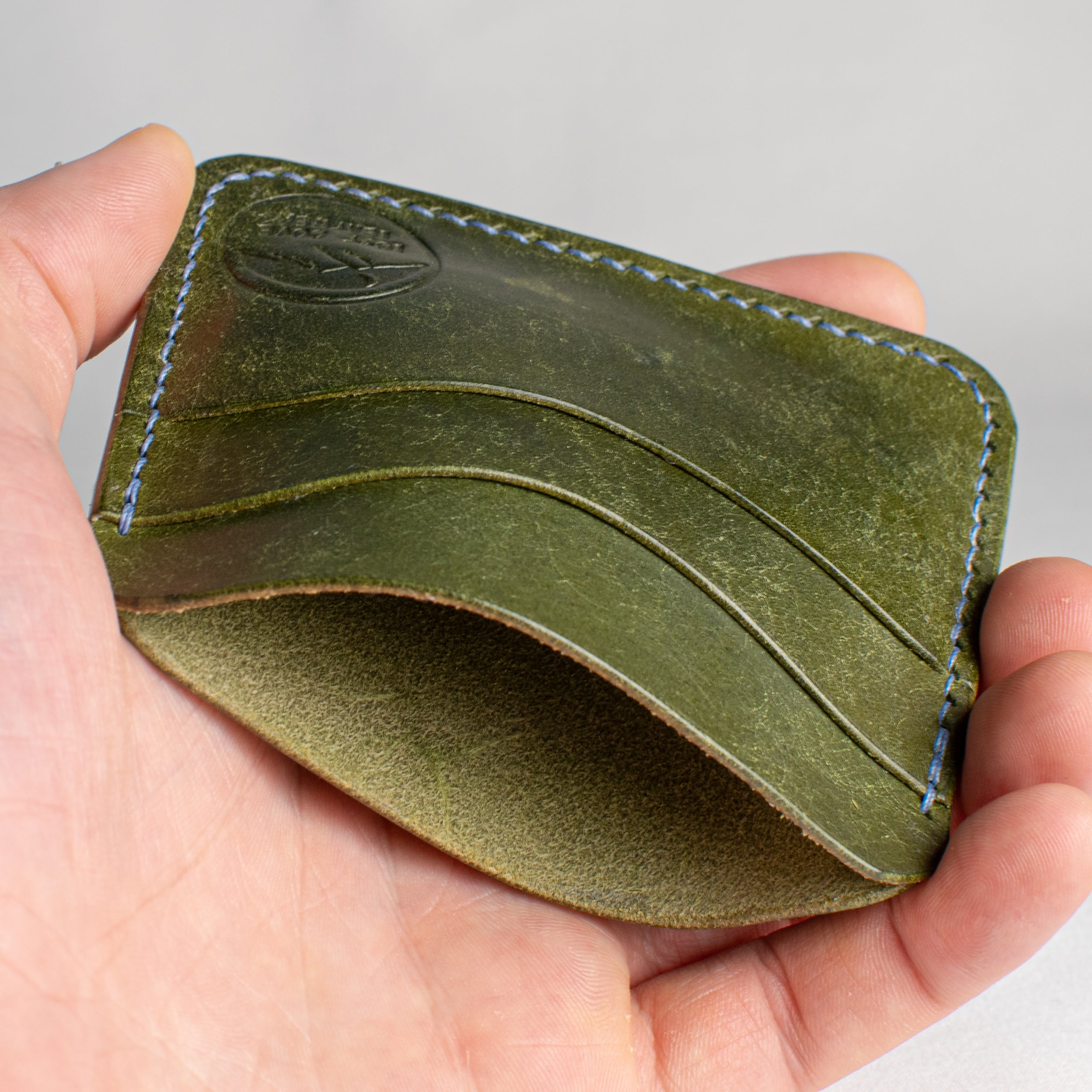 Minimalist Leather Cardholder Wallet - Olive Green - Sky Blue Polyester Thread