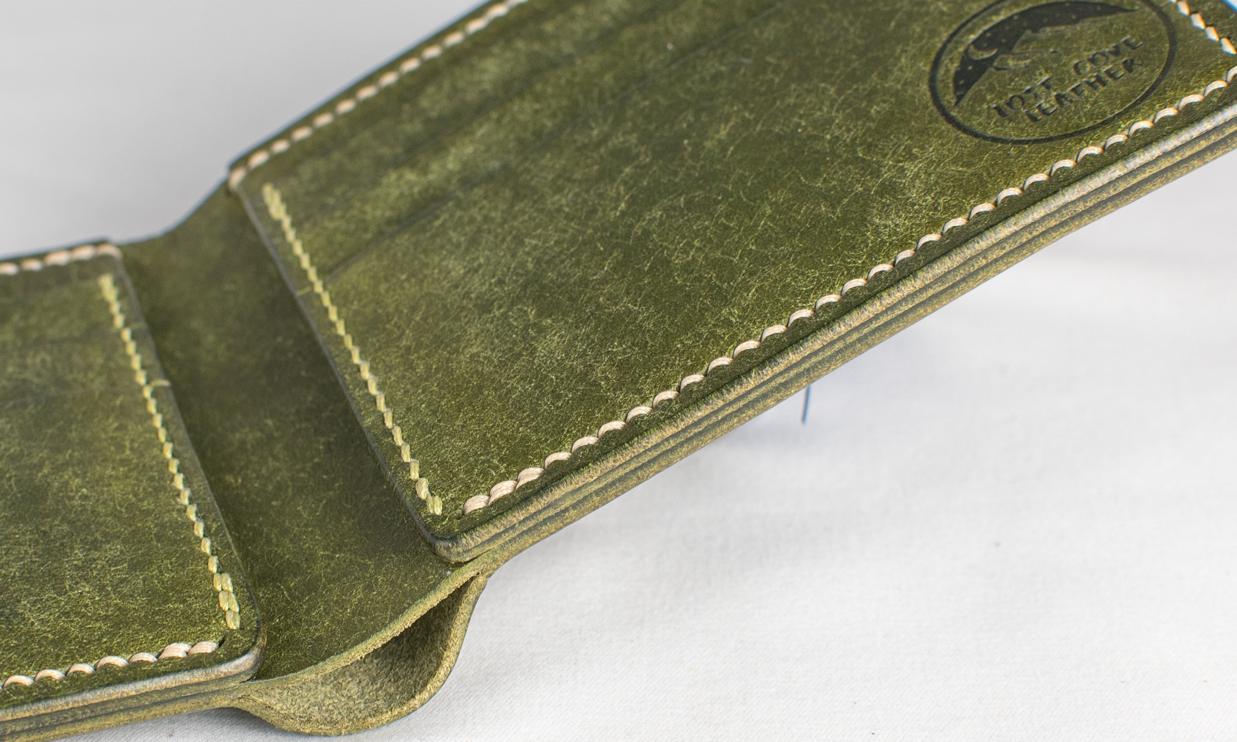 Bifold Wallet - Olive Green - Beige Waxed Thread