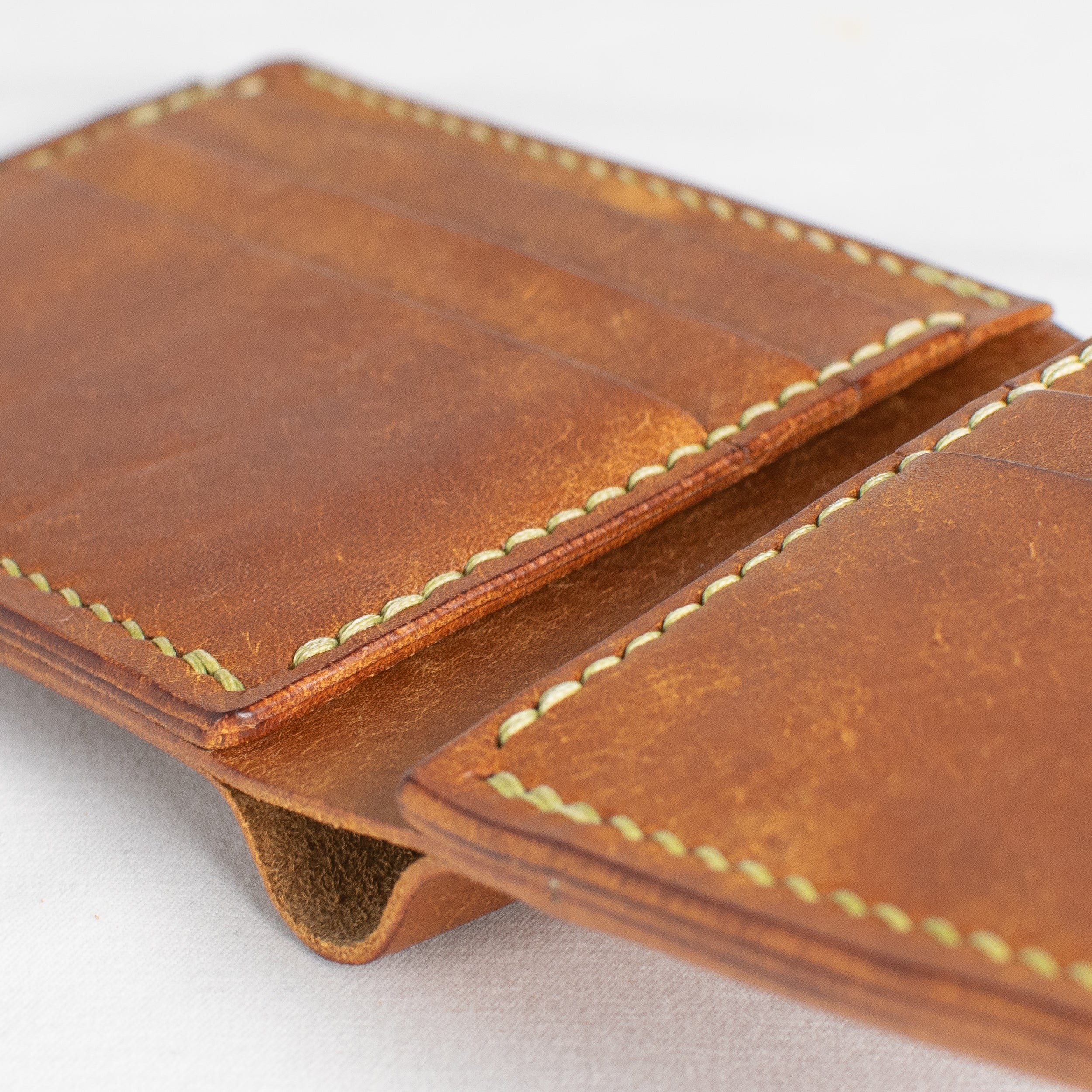 Bifold Wallet - Cognac Brown - Pea Green Thread
