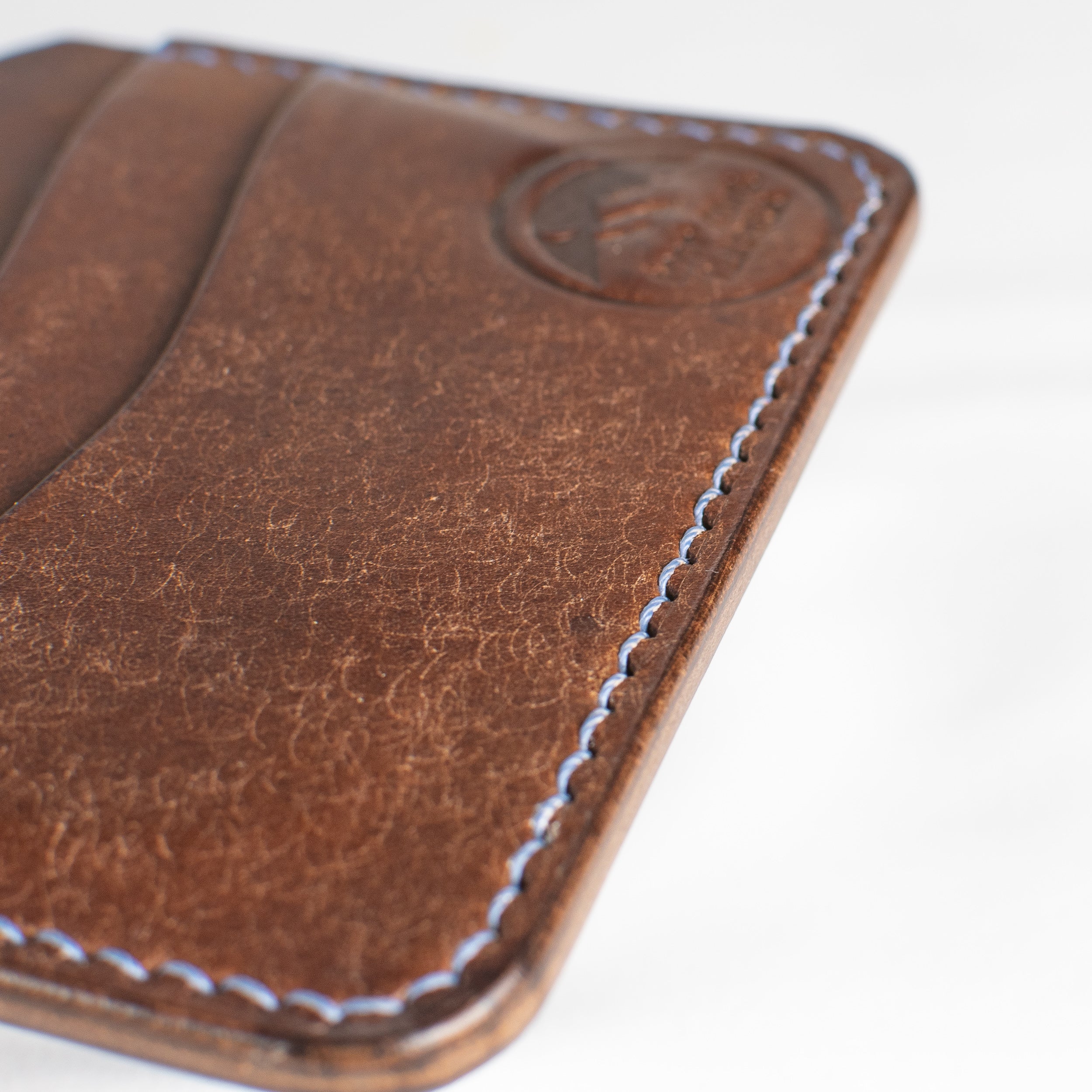 Minimalist Leather Cardholder Wallet  - Walnut Brown - Sky Blue Polyester Thread