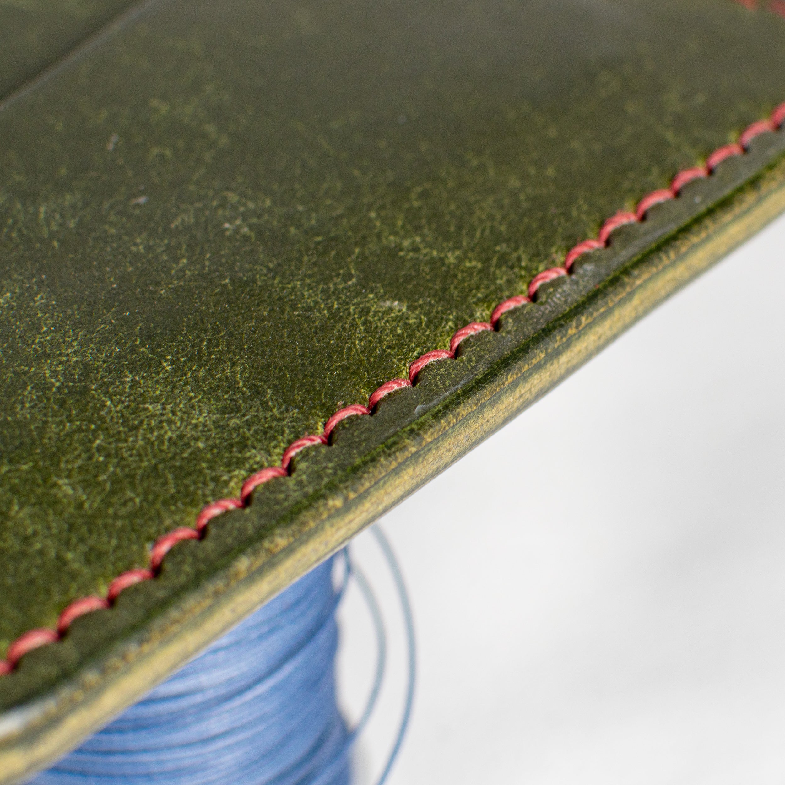 Minimalist Leather Cardholder Wallet - Olive Green w/ Red Polyester Thread