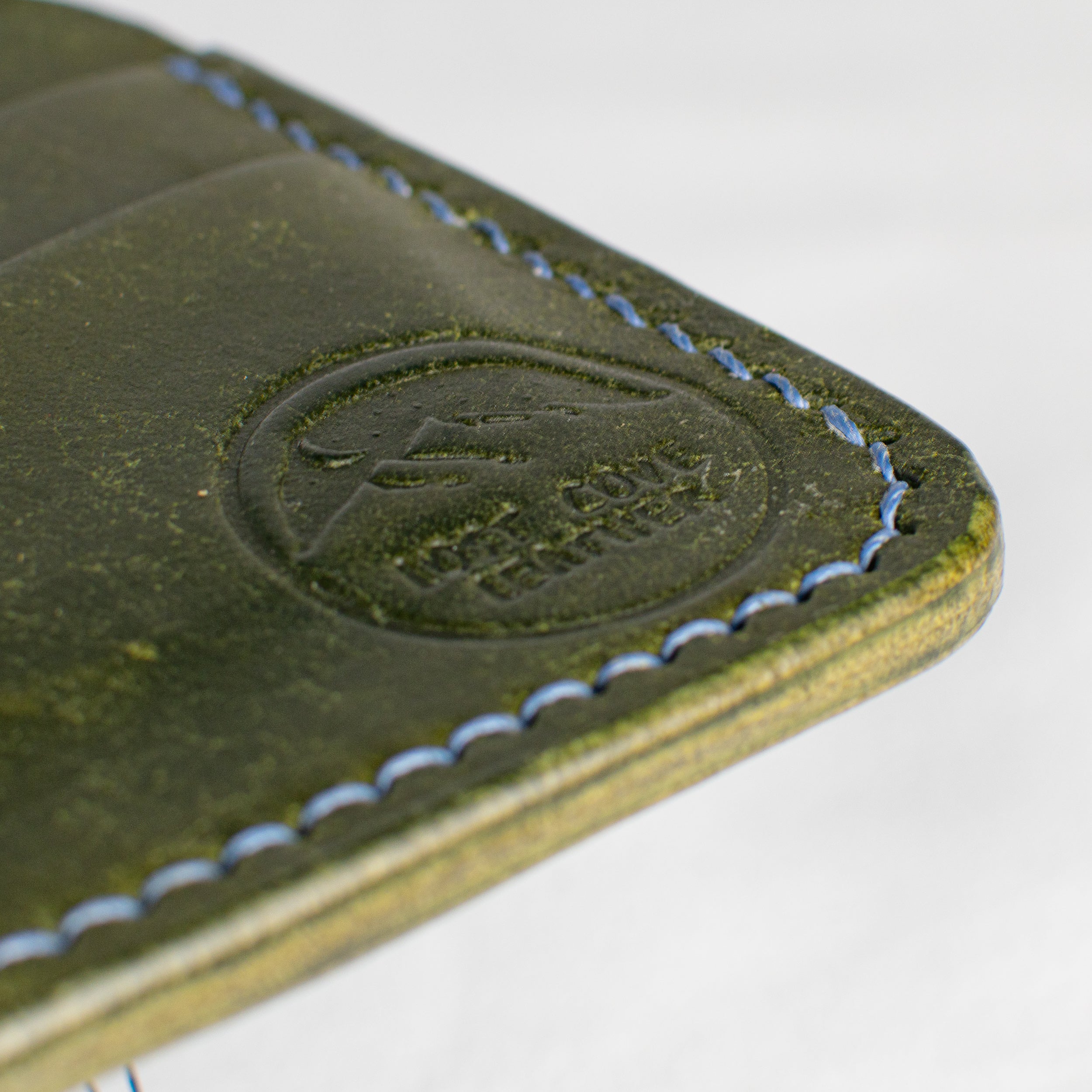 Minimalist Leather Cardholder Wallet - Olive Green - Sky Blue Polyester Thread