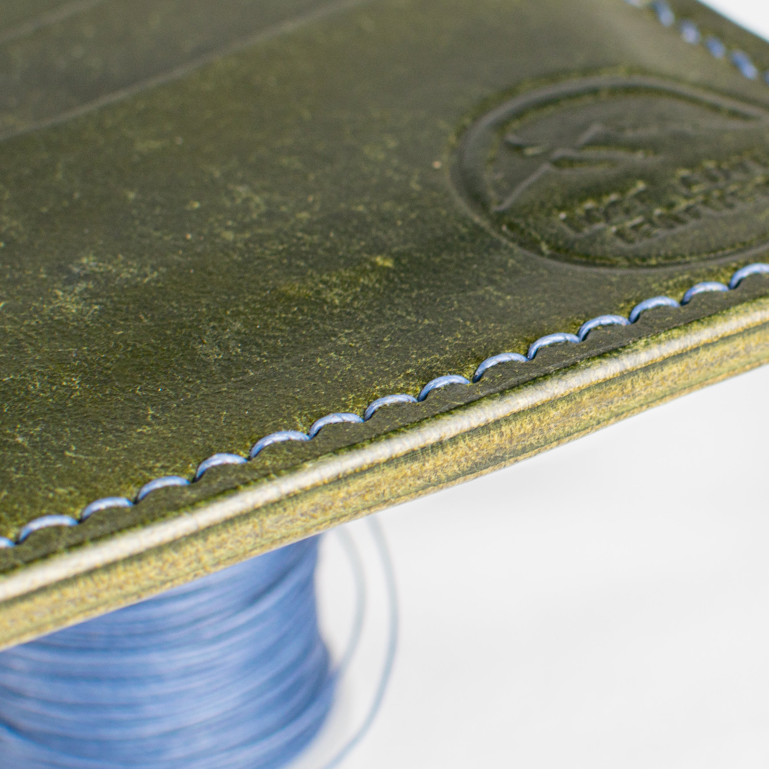 Minimalist Leather Cardholder Wallet - Olive Green - Sky Blue Polyester Thread