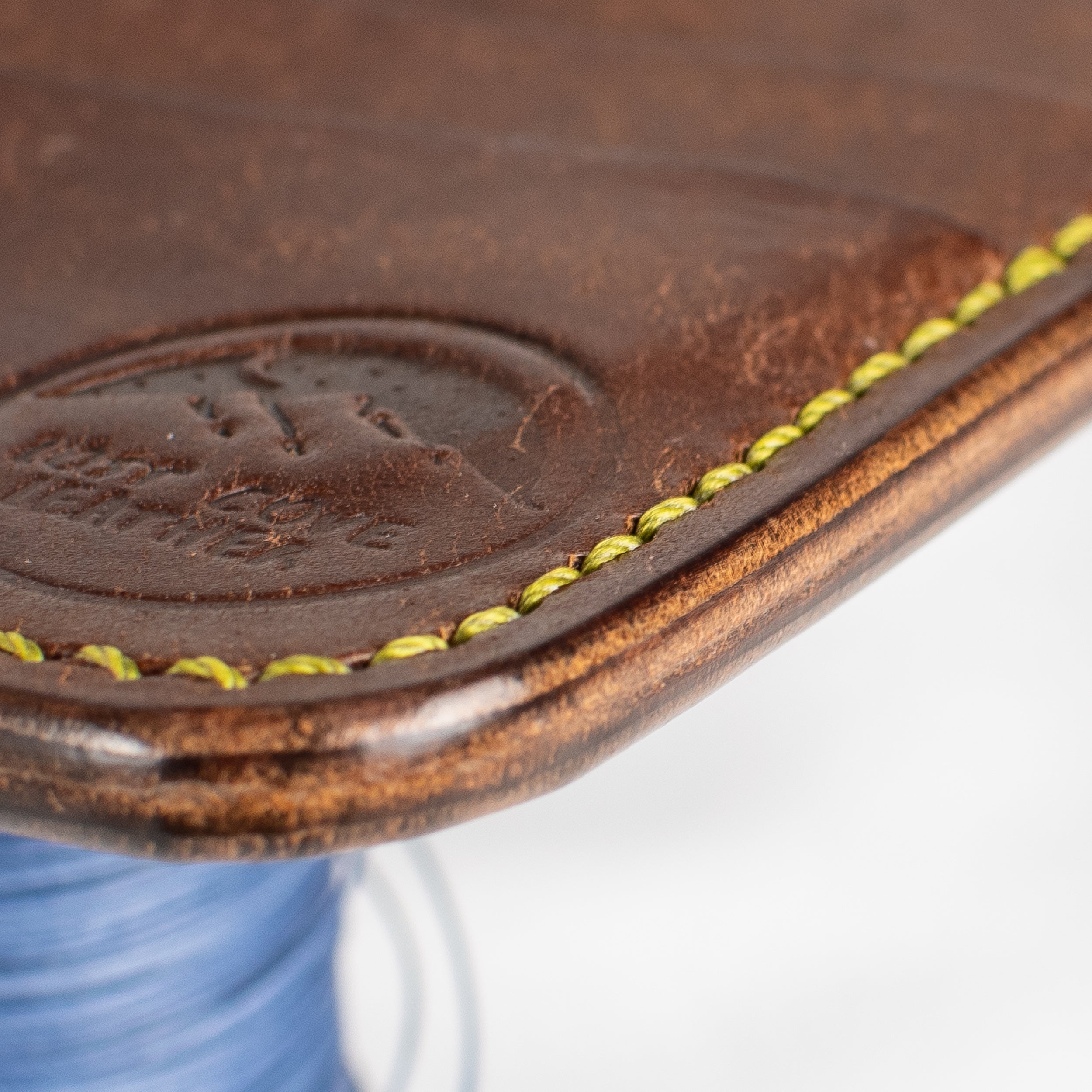 Minimalist Leather Cardholder Wallet - Walnut Brown - Pea Green Polyester Thread
