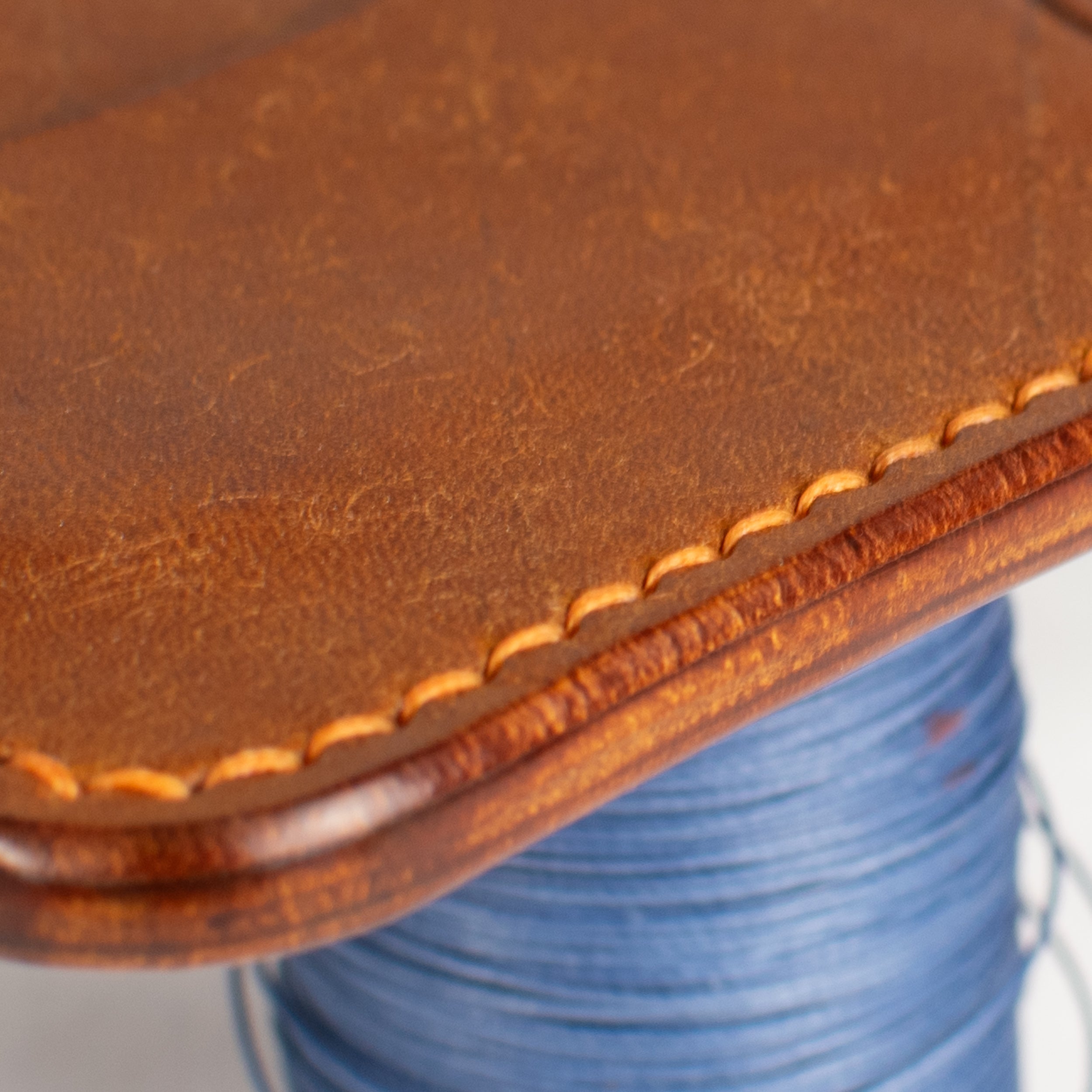 Minimalist Leather Cardholder Wallet - Cognac Brown - Sunset Orange Waxed Thread