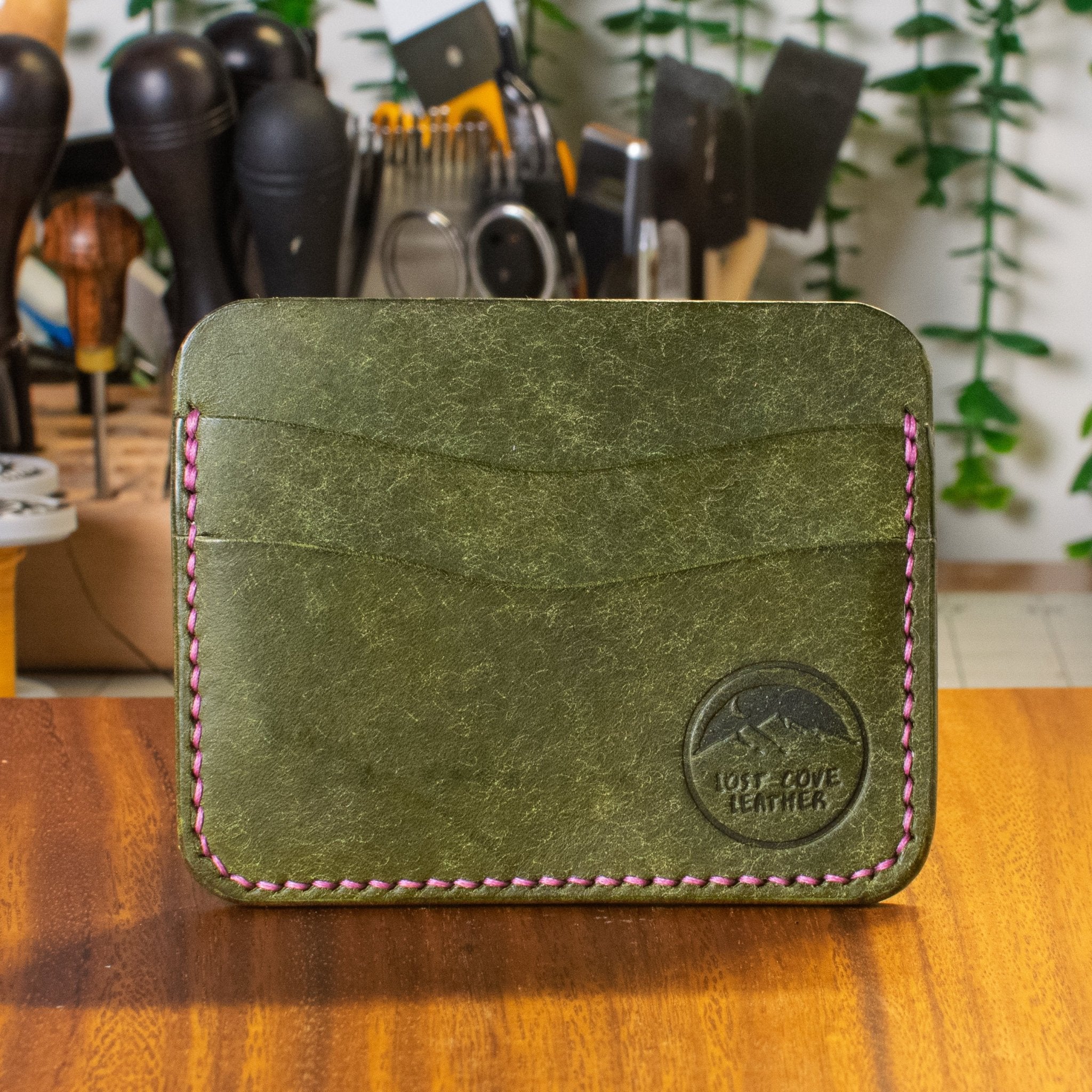 Dogwood Cardholder - Olive Pueblo - Lavender Thread - Lost Cove Leather