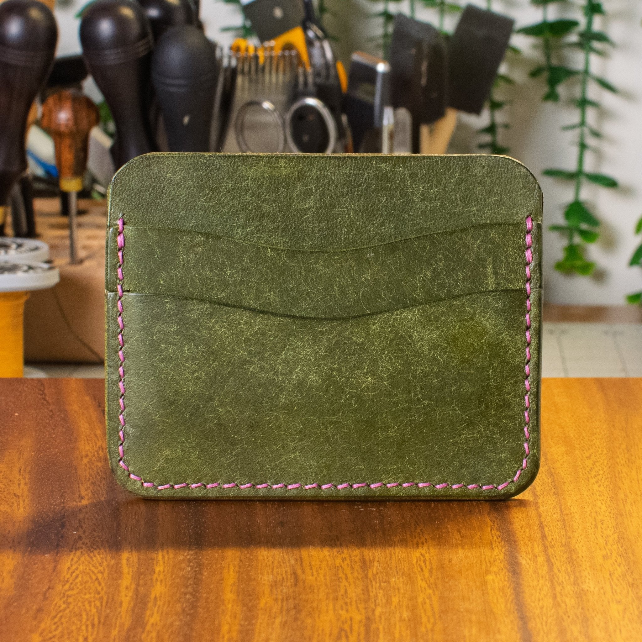 Dogwood Cardholder - Olive Pueblo - Lavender Thread - Handmade