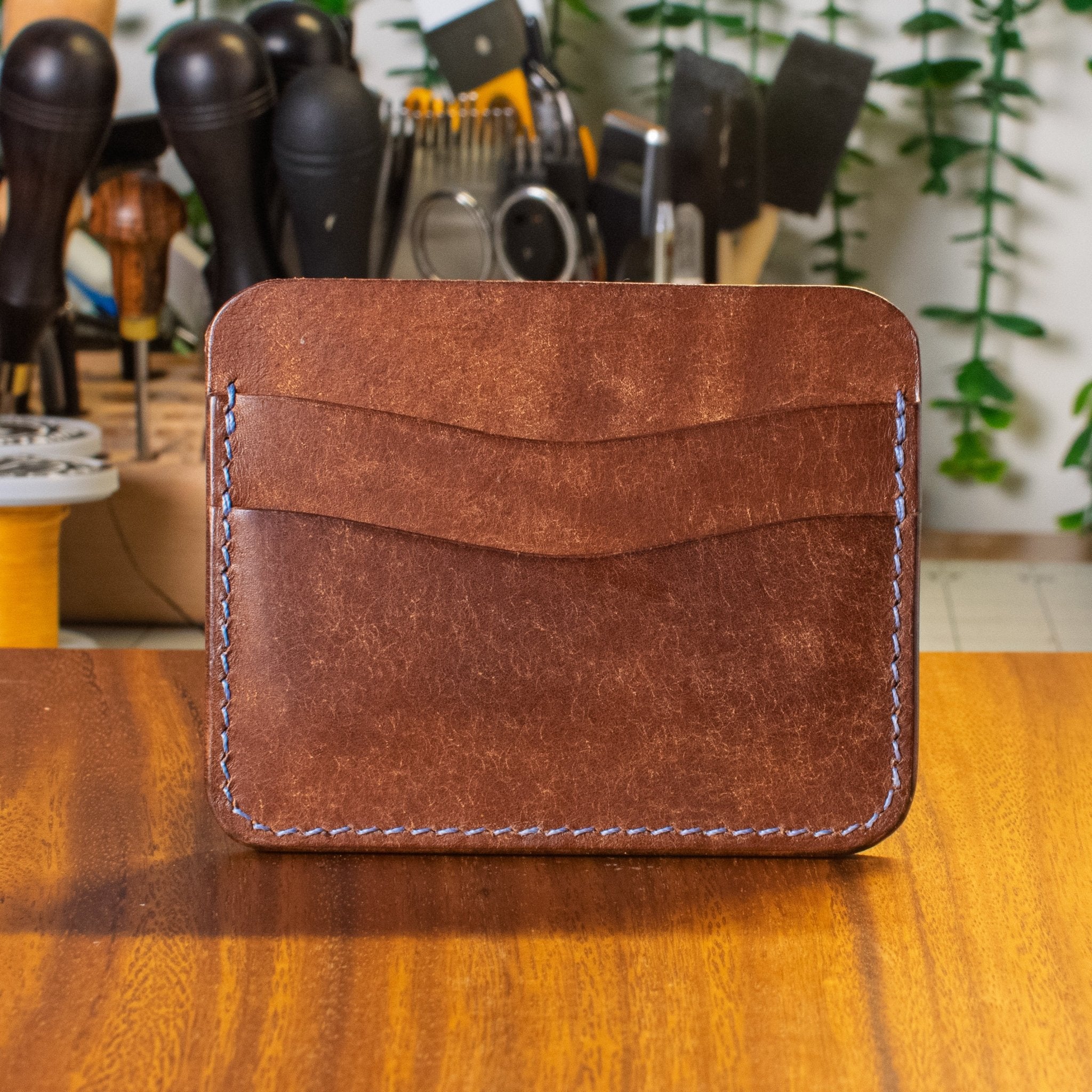 Dogwood Cardholder - Tobacco - Blue thread - back