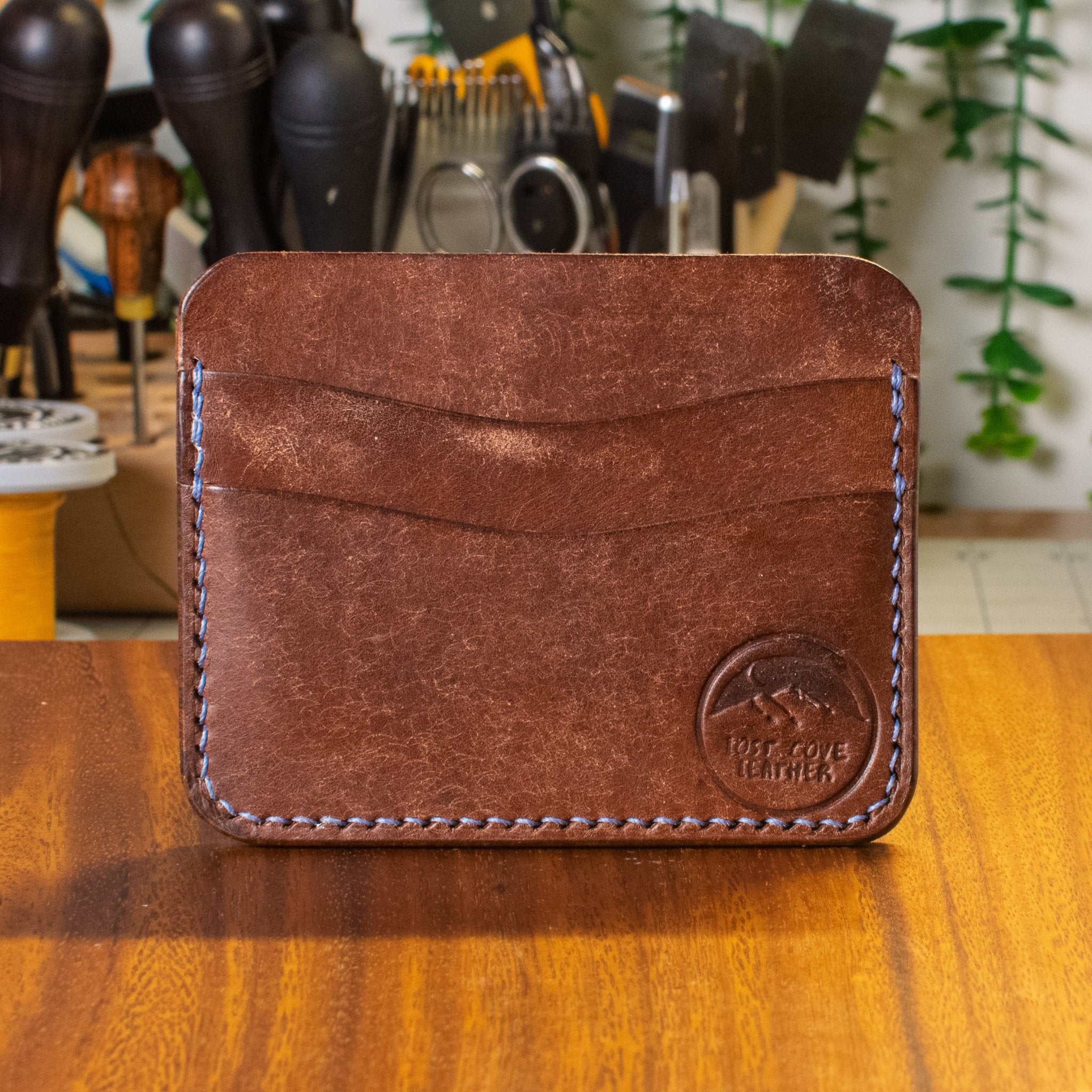 Dogwood Cardholder - Tobacco - Blue thread - front