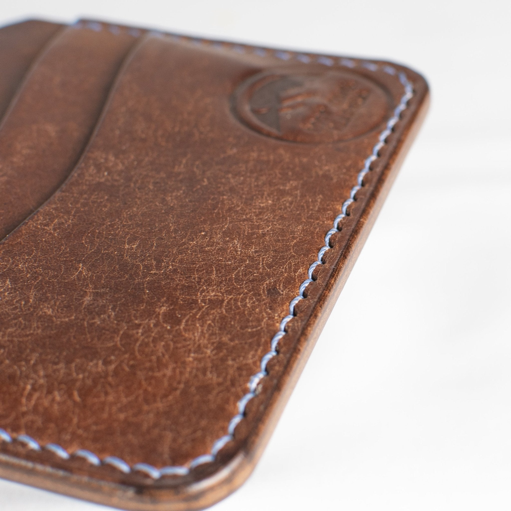 Dogwood Cardholder - Tobacco - Blue thread - close up